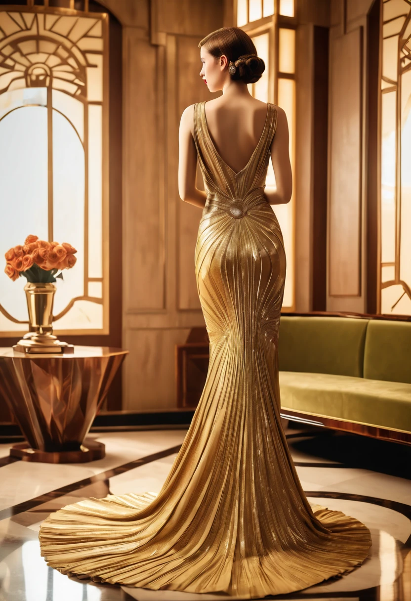 1girl, Art deco fashion dresses and gowns, Art Deco Interior Design, from behind, Perfect features, Ray Tracing, absurdres, masterpiece, best quality
