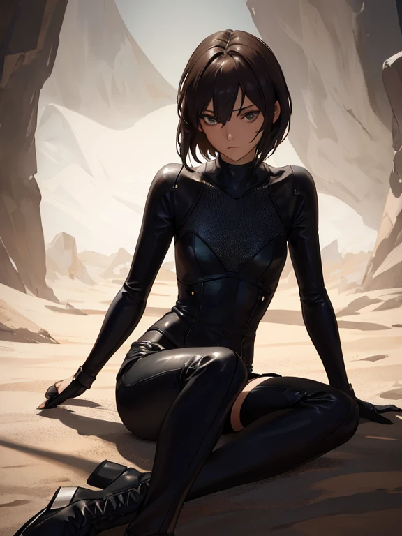 Masterpiece, one figure, solo, in a dark desert at night, wearing a simple outfit with no stars in sight.
1 figure, solo, plain clothing, dark desert, nighttime, no stars,
Masterpiece,
Best quality,
Realistic,
Ultra-detailed,
(Dusty skin, parched: 1.2),
Moody,
Looking at the audience with a thoughtful expression,
Short straight hair,
Brown eyes,
Slim,
Dynamic light and shadow,
High resolution,
Sharp focus,
Depth of field,
Fine eyes with realistic pupils,
(Worn out boots: 1.1),