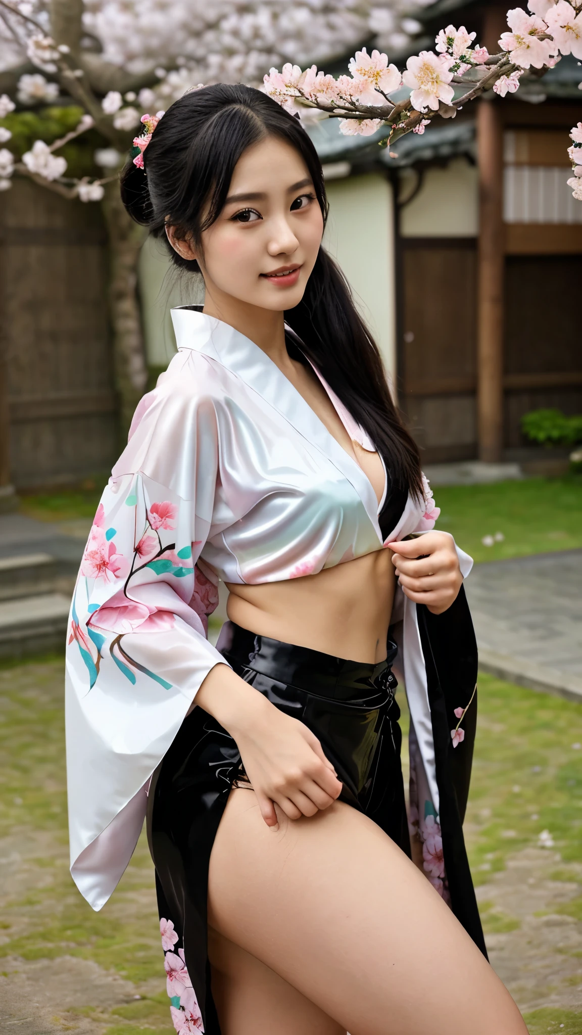 ((masterpiece)), close up shot, best quality, solo, full body, Japanese woman, tall body, sexy body, enchanting, firm skin, big and firm breasts, ((wearing yukata)), smile to the viewer, (masterpiece, best quality, detailed skin texture , fabric texture details, beautiful face details, intricate details, very detailed ), Short black hair, ((dynamic pose)), (((lifted up yukata))), (((show your underwear))), bottom angles, from below, in rooftops, Tokyo streets, night, cityscape, city lights, fireworks festival, ((fireworks in the sky)) ,