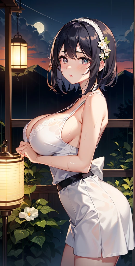 1 girl, breast, moon, lantern, night, alone, large breast, hair accessories, wet, 黑色flower边bra, bra,bare skin,sexy pose,Tempting,Tear clothes, 涉water, water, hair flower, flower, outdoor, Sky, full moon, rain, black hair, Off the shoulders, Mountain, cloud, Keep, sash, bare shoulders, paper lantern, permanent, white kimono, night Sky, side breasts, Heart, wet clothes, Bangs, Tree, from the side, reflection, short hair, cloudy Sky, wet hair (((masterpiece),(Extremely detailed CG unified 8k wallpaper),best quality,,alone,1 girl,Cinema lighting,Detailed background,Beautiful and delicate eyes,bright pupils, (extremely delicate and beautiful),(Beautiful and detailed eye descriptions), Super detailed,masterpiece,)),
