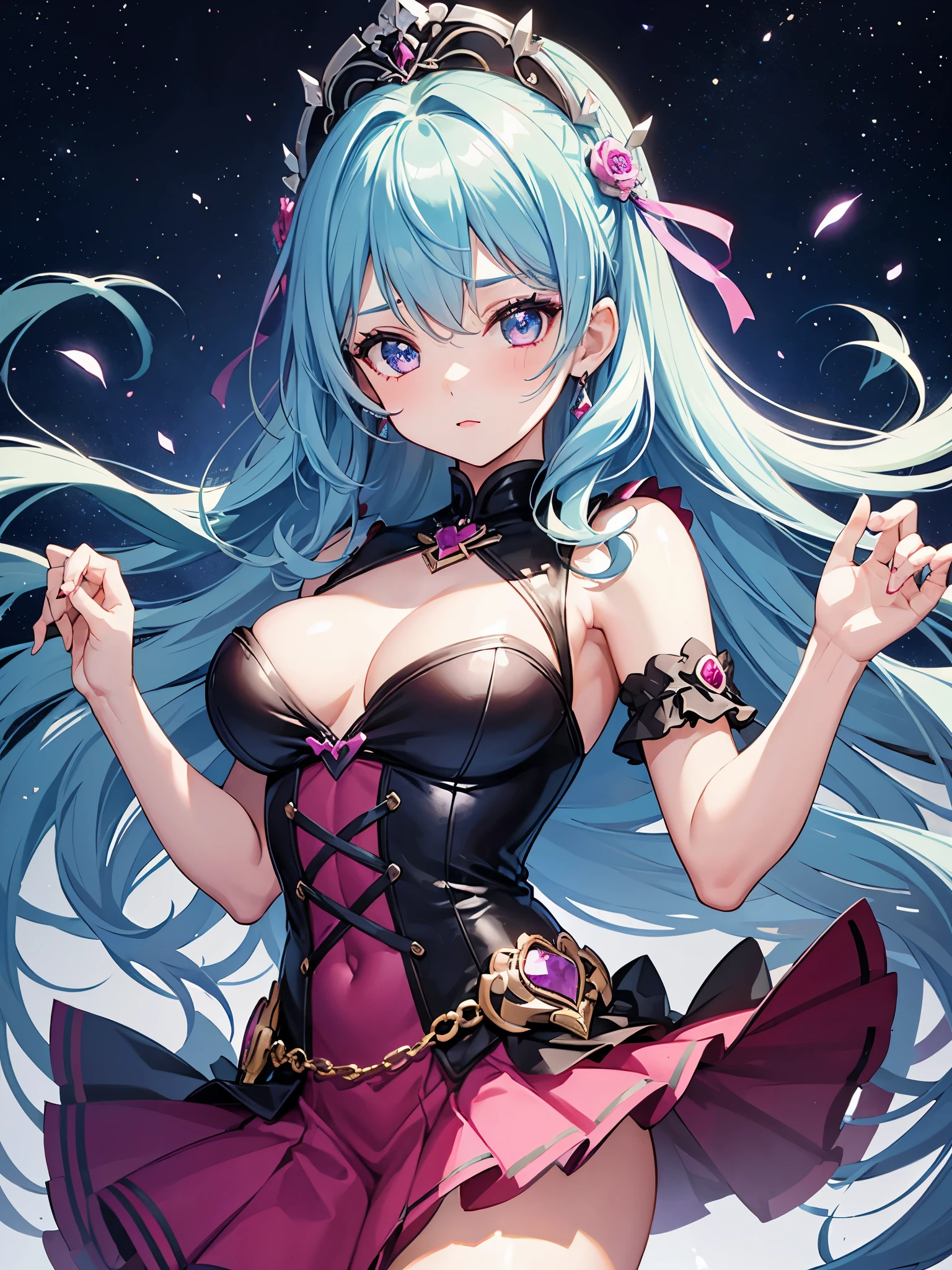 1girl, darkslateblue hair, fuchsia eyes, ((portuguese style dress)), ((idol)), magical girl