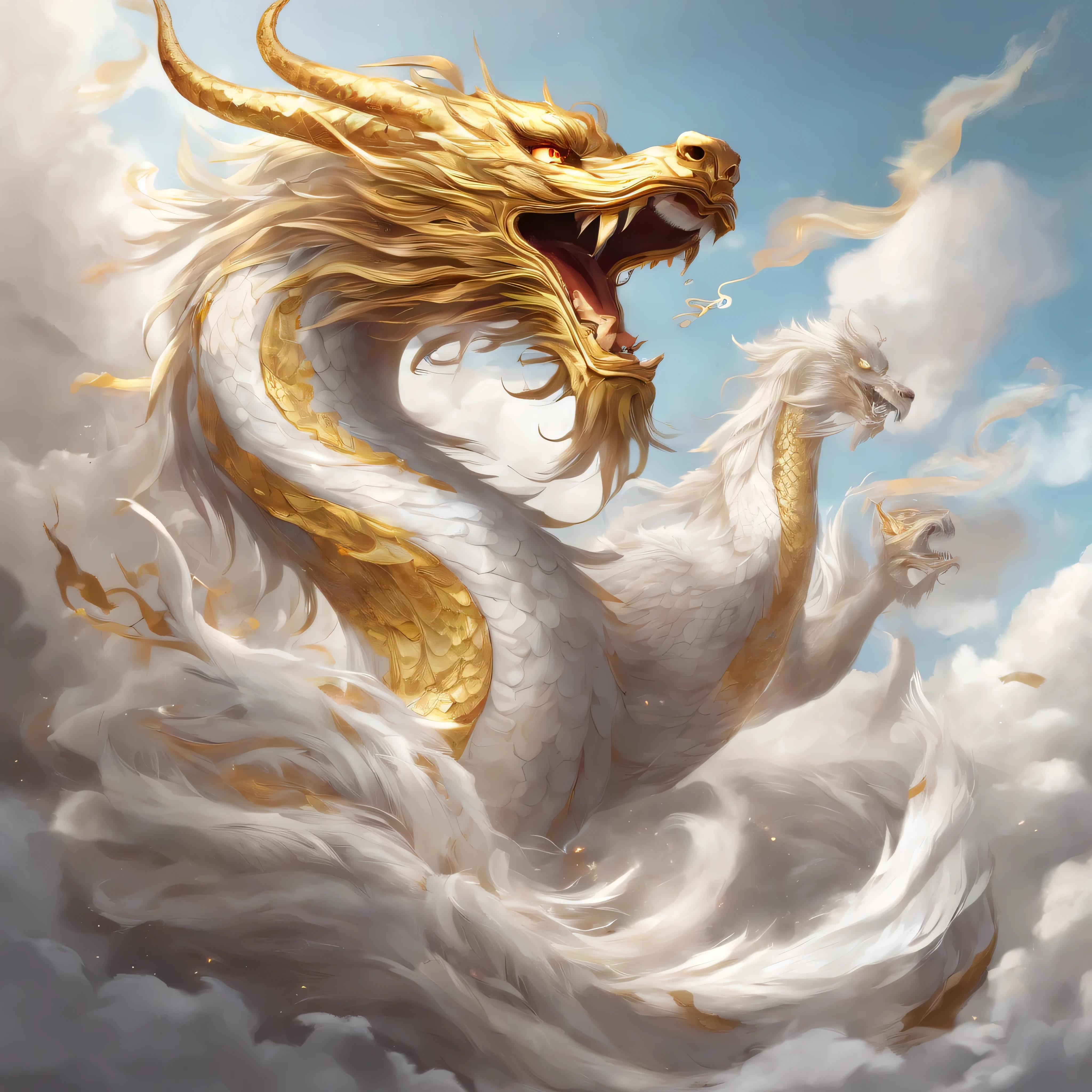 a flag、Masterpiece、(White background:1)、Golden Chinese dragon surrounded by white clouds、god々correct、wind、god、long wavy body、fangs、upper part of body、fantasy、god话、high quality、Very detailed、Masterpiece、epic、particle effect、dynamic effect