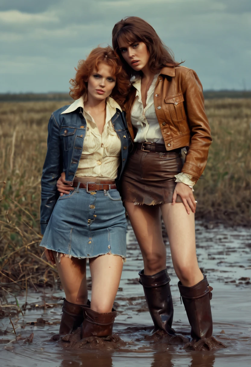 (best quality,4k,highres:1.2),(realistic,photorealistic:1.37)1970s setting photo,2 sissy females,(worn-out high waist flared jeans), skirt, high thigh boots,(fringe jacket),blouse,drowning in bog,engaging in sexual intercourse,(wet+muddy clothes up to hips),vintage filters,grainy texture,dramatic lighting, sensually touch each other in sexual manner, muddy clothes