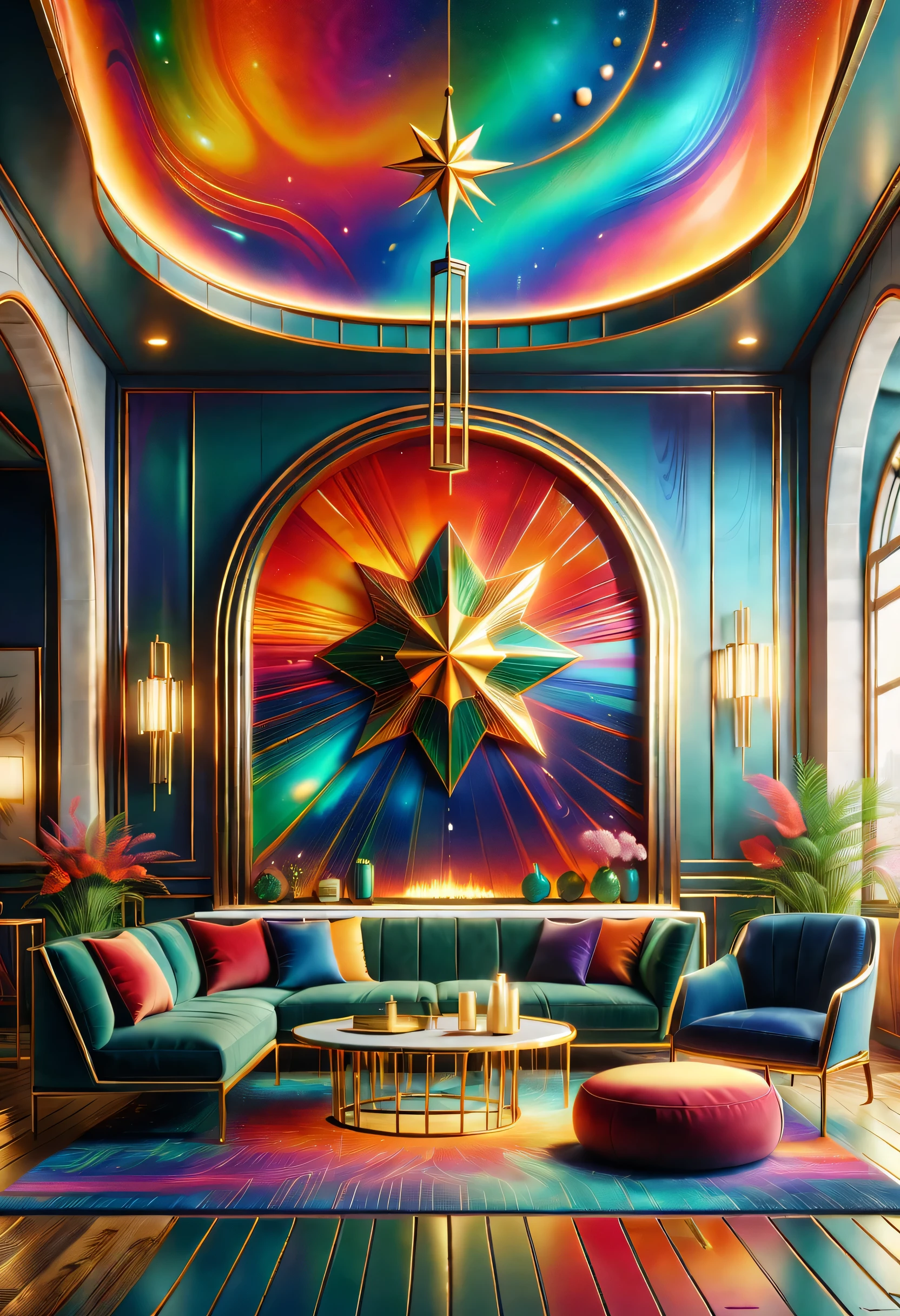 （best quality,4K,8k,high resolution,masterpiece:1.2),super detailed,(actual,photoactual,photo-actual:1.37)。（（an art deco,a nice room，interesting room，art museum））。（geometric window，Creative home，Decorative painting，Geometric chandelier）。3d rendering。Light luxury texture，Space color matching，Mechanical style，Mechanical aesthetic concept，用几何Wire条表示，Create a minimalist architecture with a sense of power，（（Wire、lightning、radiation、Wire graphics with abstract meanings such as star icons，Integrate it into modern spaces，Bring visual impact through patterns。））。（（（Metallic Color、Bright colors are the main color overall，The colors are bright and bright，Strong visual impact，Promote the atmosphere of the entire space，curved decorative metal decoration，Full of artistic tension and aristocratic temperament，Metallic Color搭配红色、green、blue、orange，bright colors，For example, purple，Rhythmic spatial rhythm，）））