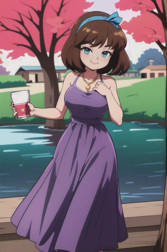 80's anime style, 1 girl, solo, brown medium hair, pink Hairband, blue eyes, bare arms, pink maxi dress, little pink dress, golden necklace, smile, holding her skirt, cowboy shot, standing, intricate details, sharp focus, high resolution, the background of beautiful flower park with trees and canals, beautiful sunny day, anime, masterpiece, very high resolution.