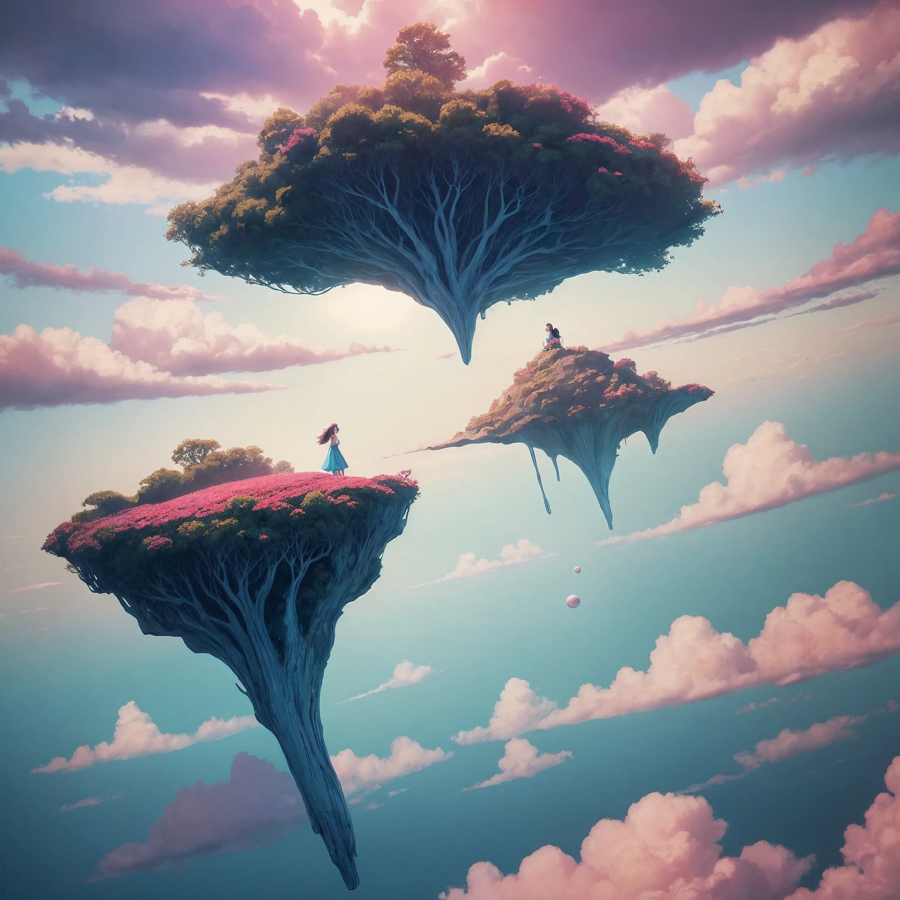 "A whimsical scene unfolds as we see a girl donning rose-colored glasses, exploring a dreamlike world. The background is a surreal landscape with floating islands and pastel-colored clouds. The art style draws inspiration from the dreamy illustrations of Mary Blair and the playful imagination of Studio Ghibli films. The camera angle is a low-angle shot, capturing the vastness of the imaginative world and the girl's sense of wonder. The image should be rendered with vivid, fantasy colors, and the glasses should emit a soft, magical glow. The resolution should be 4K to maintain a balance between detail and artistic expression."