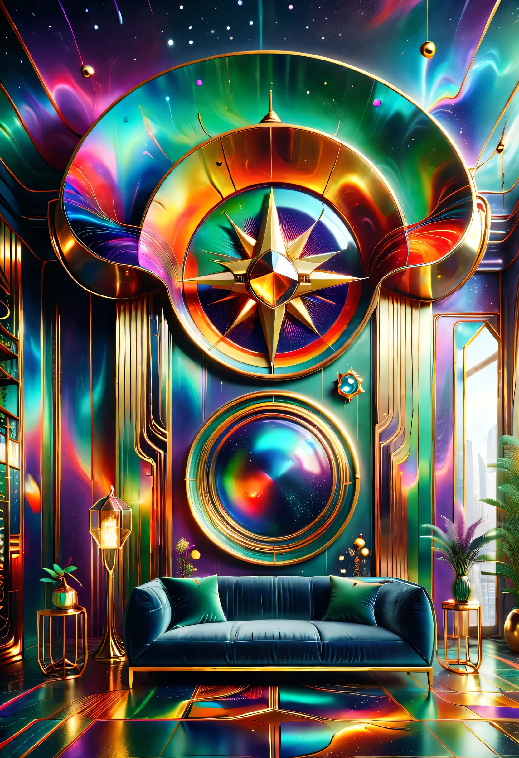 (best quality,4K,8k,high resolution,masterpiece:1.2),super detailed,(actual,photoactual,photo-actual:1.37)。((an art deco,a nice room,interesting room,art museum))。(geometric window,Creative home,Decorative painting,Geometric chandelier)。3d rendering。Light luxury texture,Space color matching,Mechanical style,Mechanical aesthetic concept,用几何Wire条表示,Create a minimalist architecture with a sense of power,((Wire、lightning、radiation、Wire graphics with abstract meanings such as star icons,Integrate it into modern spaces,Bring visual impact through patterns。))。(((Metallic Color、Bright colors are the main color overall,The colors are bright and bright,Strong visual impact,Promote the atmosphere of the entire space,curved decorative metal decoration,Full of artistic tension and aristocratic temperament,Metallic Color搭配红色、green、blue、orange,bright colors,For example, purple,Rhythmic spatial rhythm,)))