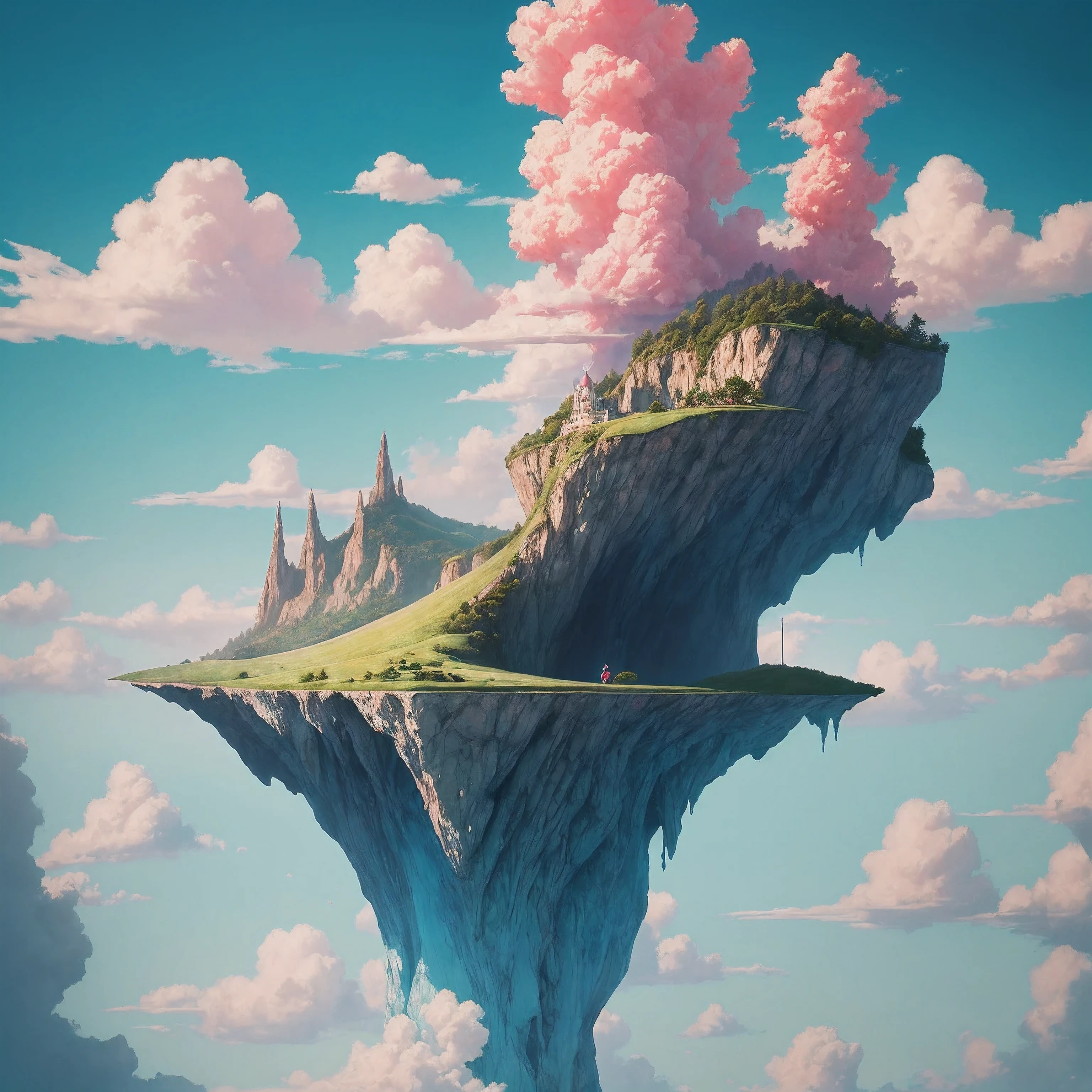 "A whimsical scene unfolds as we see a girl donning rose-colored glasses, exploring a dreamlike world. The background is a surreal landscape with floating islands and pastel-colored clouds. The art style draws inspiration from the dreamy illustrations of Mary Blair and the playful imagination of Studio Ghibli films. The camera angle is a low-angle shot, capturing the vastness of the imaginative world and the girl's sense of wonder. The image should be rendered with vivid, fantasy colors, and the glasses should emit a soft, magical glow. The resolution should be 4K to maintain a balance between detail and artistic expression."
