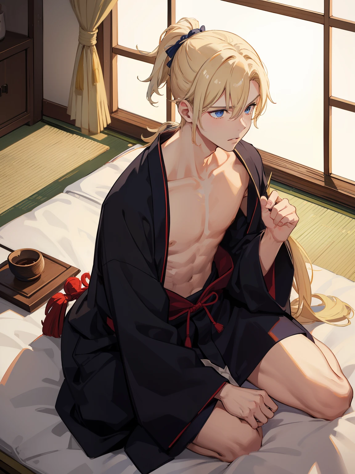 1boy，Masculinity，blond hair，ponytail，blue eyes，no bra，A Japanese-style room，late at night，alone，kimono