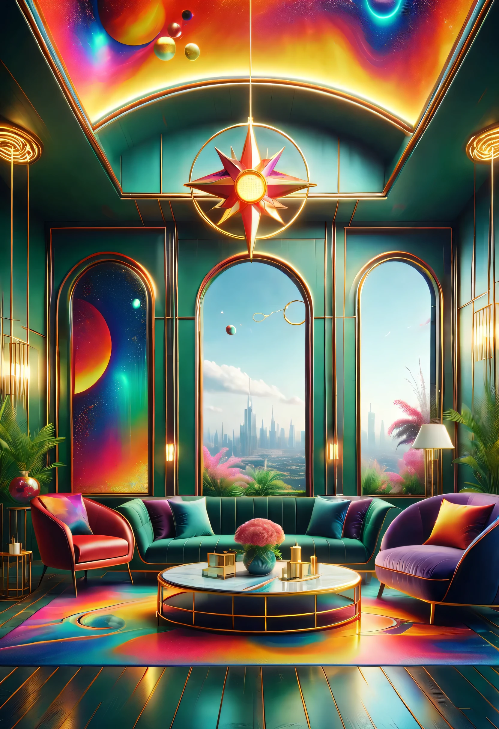 （best quality,4K,8k,high resolution,masterpiece:1.2),super detailed,(actual,photoactual,photo-actual:1.37)。（（an art deco,a nice room，interesting room，art museum））。（geometric window，Creative home，Decorative painting，Geometric chandelier）。3d rendering。Light luxury texture，Space color matching，Mechanical style，Mechanical aesthetic concept，用几何Wire条表示，Create a minimalist architecture with a sense of power，（（Wire、lightning、radiation、Wire graphics with abstract meanings such as star icons，Integrate it into modern spaces，Bring visual impact through patterns。））。（（（Metallic Color、Bright colors are the main color overall，The colors are bright and bright，Strong visual impact，Promote the atmosphere of the entire space，curved decorative metal decoration，Full of artistic tension and aristocratic temperament，Metallic Color搭配红色、green、blue、orange，bright colors，For example, purple，Rhythmic spatial rhythm，）））