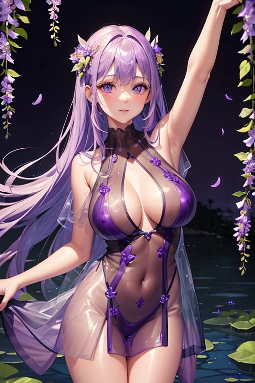 {{{{masterpiece}}}}, {{{super detailed}}}, {{{High resolution}}}, {{excellent anatomy}}, (((highest quality))), ((very delicate and beautiful)), {{very detailed and delicate}}, {8k cg wallpaper},((detailed background))One female、best style、beautiful woman、The most beautiful woman in the world、Purple flowers are blooming on the purple lake surface, soft purple glow, Purple light, (purple wisteria forest), wisteria season, art, shining purple, Purple petals are dancing everywhere、 The blossoming path to heaven, purple glow、Purple water、purple reflective water surface、purple light、(((Sheer skin dress:1.5))),((big breasts))、show through、waterside and wisteria、Transparent dress with detailed design、Beautifully designed transparent dress、pink nipples