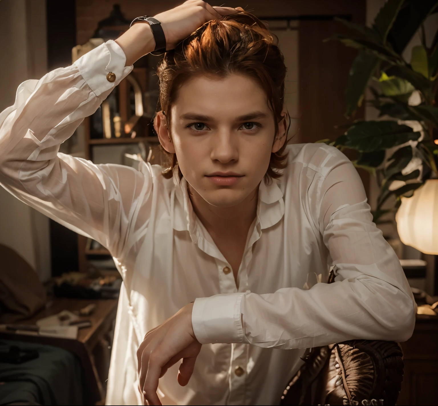 1boy, orange hair, red eyes, dress, (solo:1.3),
