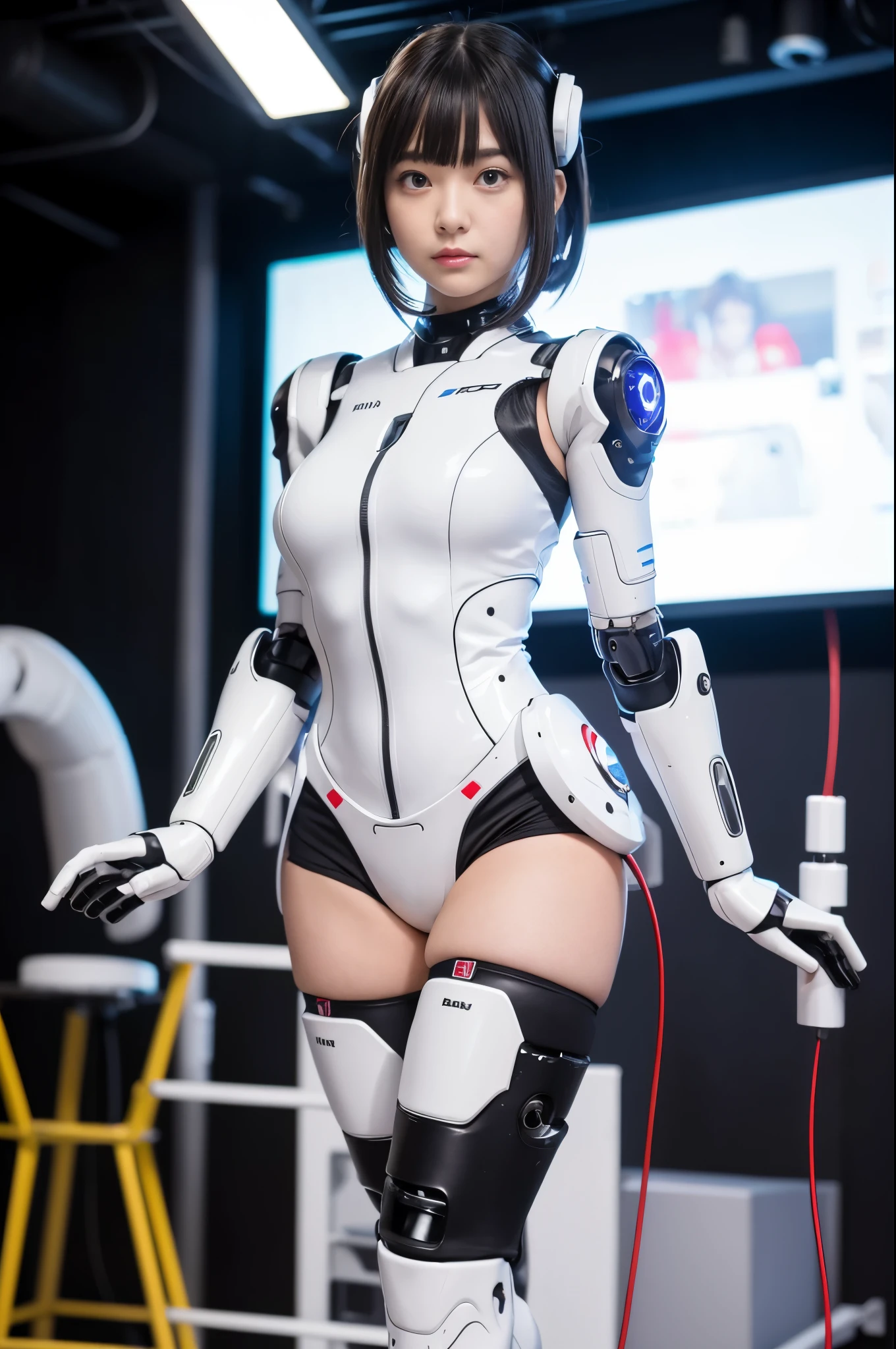 masterpiece, Best Quality, Extremely detailed, (Photorealistic:1.4), (8K, 4K, Best Quality, hight resolution, 超A high resolution:1.1), 8K portrait,1girl in, Japaese Cyborg Girl,Plump , announcer,control panels,android,Droid,Mechanical Hand, ,Robot arms and legs, Black Robot Parts,Black hair,Mechanical body,Blunt bangs,White Robotics Parts,perfect robot woman,Charging spot,Long Tube,A thick cable was connected to her neck,ceramic body ,Mechanical body, mechanical ear covers,android,robot humanoid,long boots,dark black socks,mini skirt,a bit chubby,panty,full eyes,She is exhibits,She is exhibited on exhibition hall,perfect cyborg girl