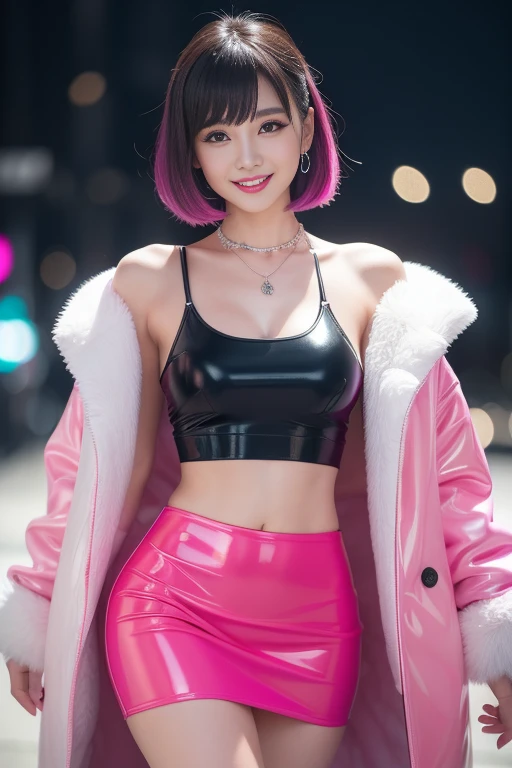 nsfw、female idol、nude lip gloss、smiling face、smoky eyshadow、dramatic lashes、full body Esbian、shiny very large necklace（neon fuchsia)、naked medium breasts、shiny glossy latex tight mini skirt（neon fuchsia)、clutch（neon fuchsia)、multicolor short hair（neon fuchsia)、long white fluffy fur coat with white fluffy fur（bright white)、conceptual art, High quality, Realistic, extremely detailed CG unified 8k wallpaper, highly detailed, High-definition raw color photos, professional photography, Realistic portrait, Cinematic Light, Beautiful detailed, Super Detail, high details, (((Bokeh))), depth of fields, illumination, Neon Street, Super stylish lighting