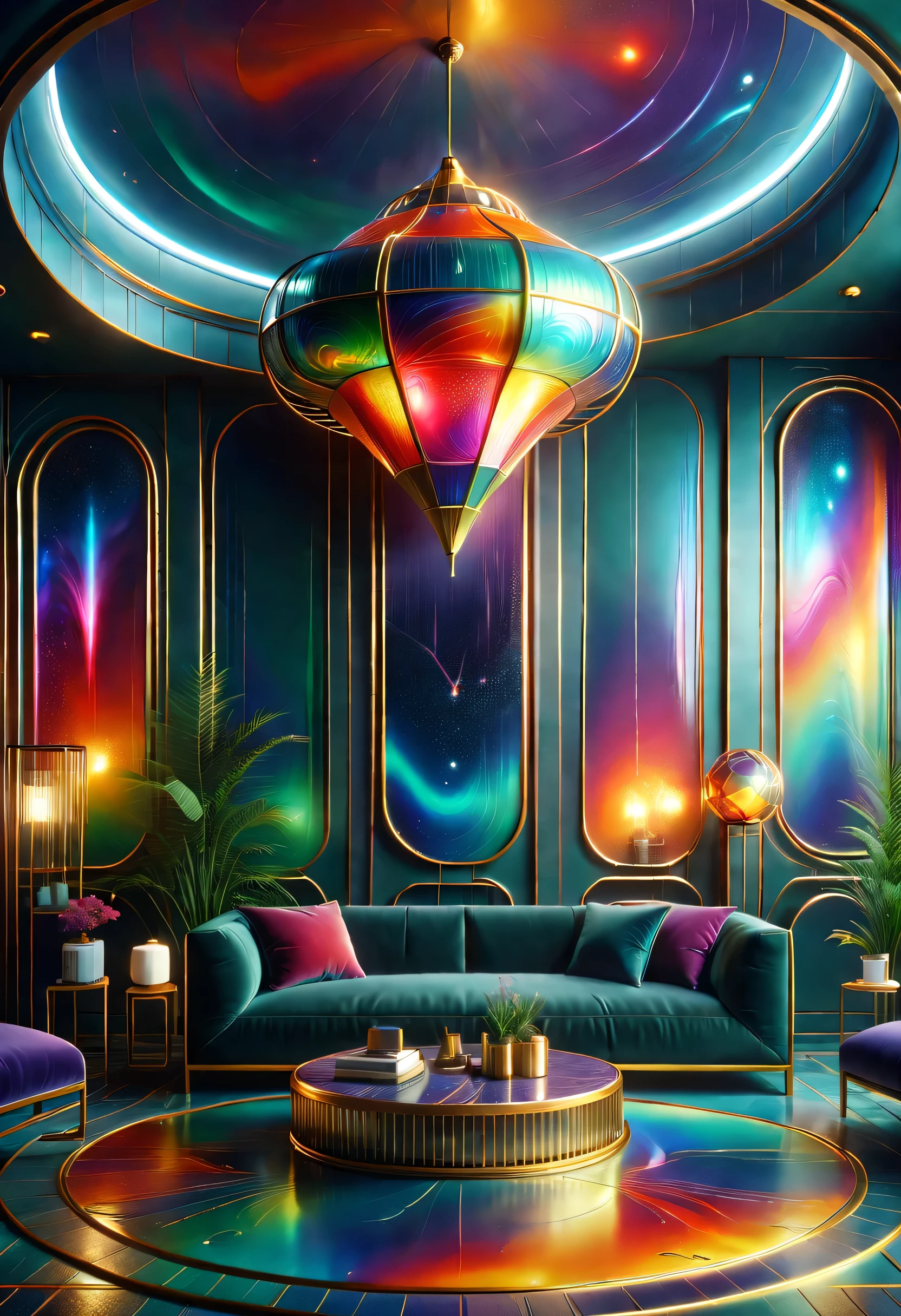 （best quality,4K,8k,high resolution,masterpiece:1.2),super detailed,(actual,photoactual,photo-actual:1.37)。（（an art deco,a nice room，interesting room，art museum））。（geometric window，Creative home，Decorative painting，Geometric chandelier）。3d rendering。Light luxury texture，Space color matching，Mechanical style，Mechanical aesthetic concept，用几何Wire条表示，Create a minimalist architecture with a sense of power，（（Wire、lightning、radiation、Wire graphics with abstract meanings such as star icons，Integrate it into modern spaces，Bring visual impact through patterns。））。（（（Metallic Color、Bright colors are the main color overall，The colors are bright and bright，Strong visual impact，Promote the atmosphere of the entire space，curved decorative metal decoration，Full of artistic tension and aristocratic temperament，Metallic Color搭配红色、green、blue、orange，bright colors，For example, purple，Rhythmic spatial rhythm，）））