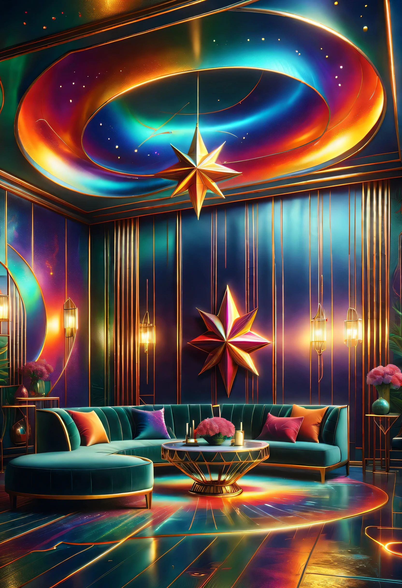 (best quality,4K,8k,high resolution,masterpiece:1.2),super detailed,(actual,photoactual,photo-actual:1.37)。((an art deco,a nice room,interesting room,art museum))。(geometric window,Creative home,Decorative painting,Geometric chandelier)。3d rendering。Light luxury texture,Space color matching,Mechanical style,Mechanical aesthetic concept,用几何Wire条表示,Create a minimalist architecture with a sense of power,((Wire、lightning、radiation、Wire graphics with abstract meanings such as star icons,Integrate it into modern spaces,Bring visual impact through patterns。))。(((Metallic Color、Bright colors are the main color overall,The colors are bright and bright,Strong visual impact,Promote the atmosphere of the entire space,curved decorative metal decoration,Full of artistic tension and aristocratic temperament,Metallic Color搭配红色、green、blue、orange,bright colors,For example, purple,Rhythmic spatial rhythm,)))