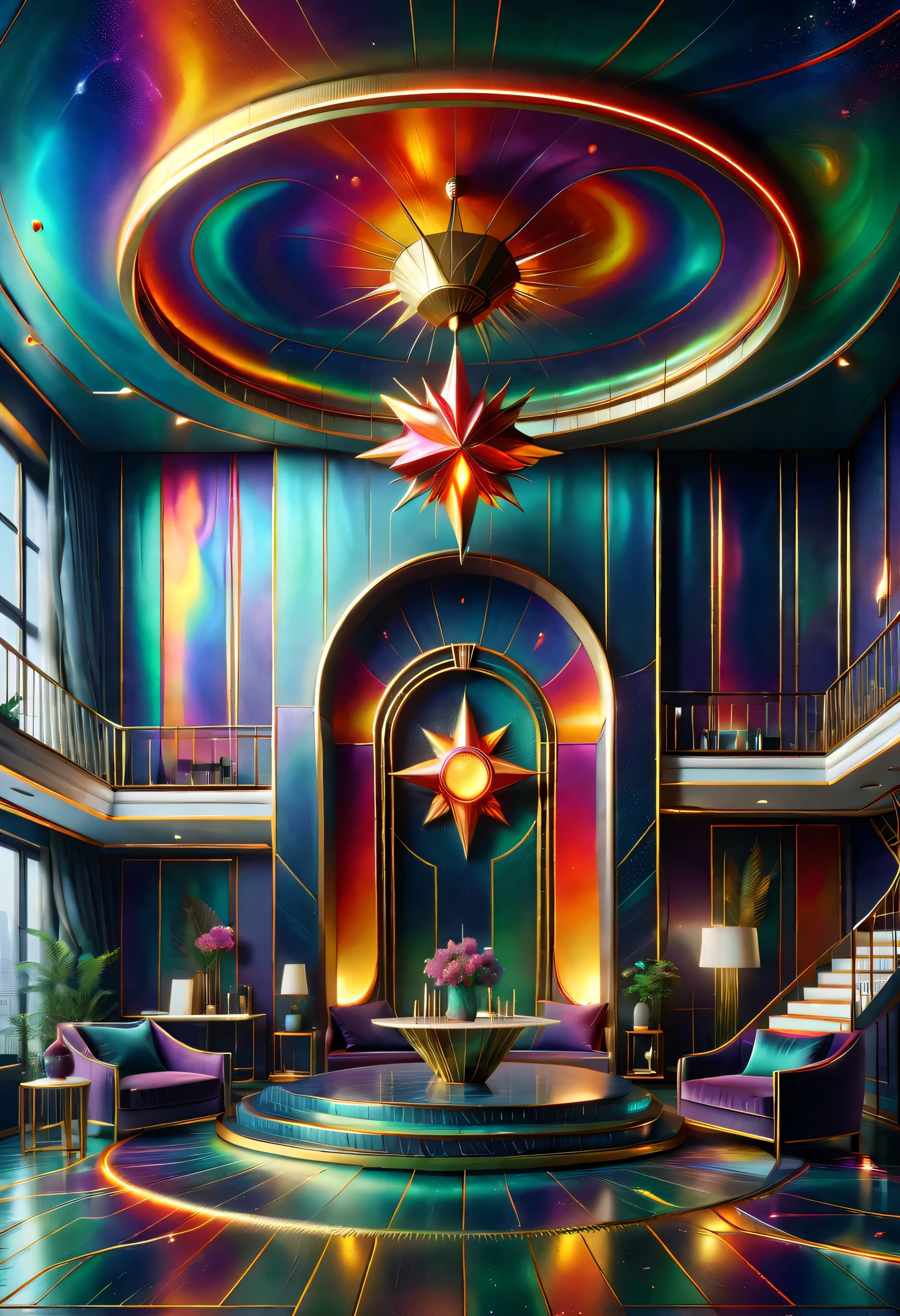 (best quality,4K,8k,high resolution,masterpiece:1.2),super detailed,(actual,photoactual,photo-actual:1.37)。((an art deco,a nice room,spacious,high-rise,interesting room,art museum))。(geometric window,Creative home,Decorative painting,Geometric chandelier,stairs,)。3d rendering。Light luxury texture,Space color matching,Mechanical style,Mechanical aesthetic concept,用几何Wire条表示,Create a minimalist architecture with a sense of power,((Wire、lightning、radiation、Wire graphics with abstract meanings such as star icons,Integrate it into modern spaces,Bring visual impact through patterns。))。(((Metallic Color、Bright colors are the main color overall,The colors are bright and bright,Strong visual impact,Promote the atmosphere of the entire space,curved decorative metal decoration,Full of artistic tension and aristocratic temperament,Metallic Color搭配红色、green、blue、orange,bright colors,For example, purple,Rhythmic spatial rhythm,)))