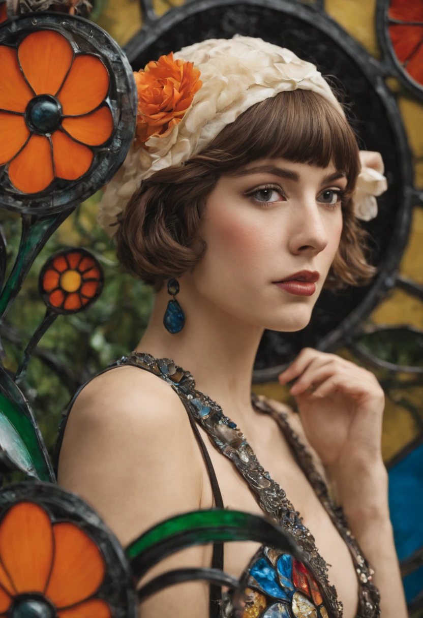 Art-Deco Stained Glass Art; Gorgeous 1920t´ Flapper Girl in a magnificient Art Deco Garden; perfect composition; World Press Photo Award winning Image; contemporary newspaper photography; artistic masterpiece; lifelike; intricately detailed vibrant professional Photography; Canon Lens, shot on Kodachrome ISO ; Action Photography; by Chris Burkard; Dave Lehl; Lucas Gilman; 16k resolutions; dynamic lighting; cinematic; shiny reimagined by Industrial Light and Magic, Hyperrealistic, splash art, concept art, mid shot, intricately detailed, color depth, dramatic, 2/3 face angle, side light, colorful background