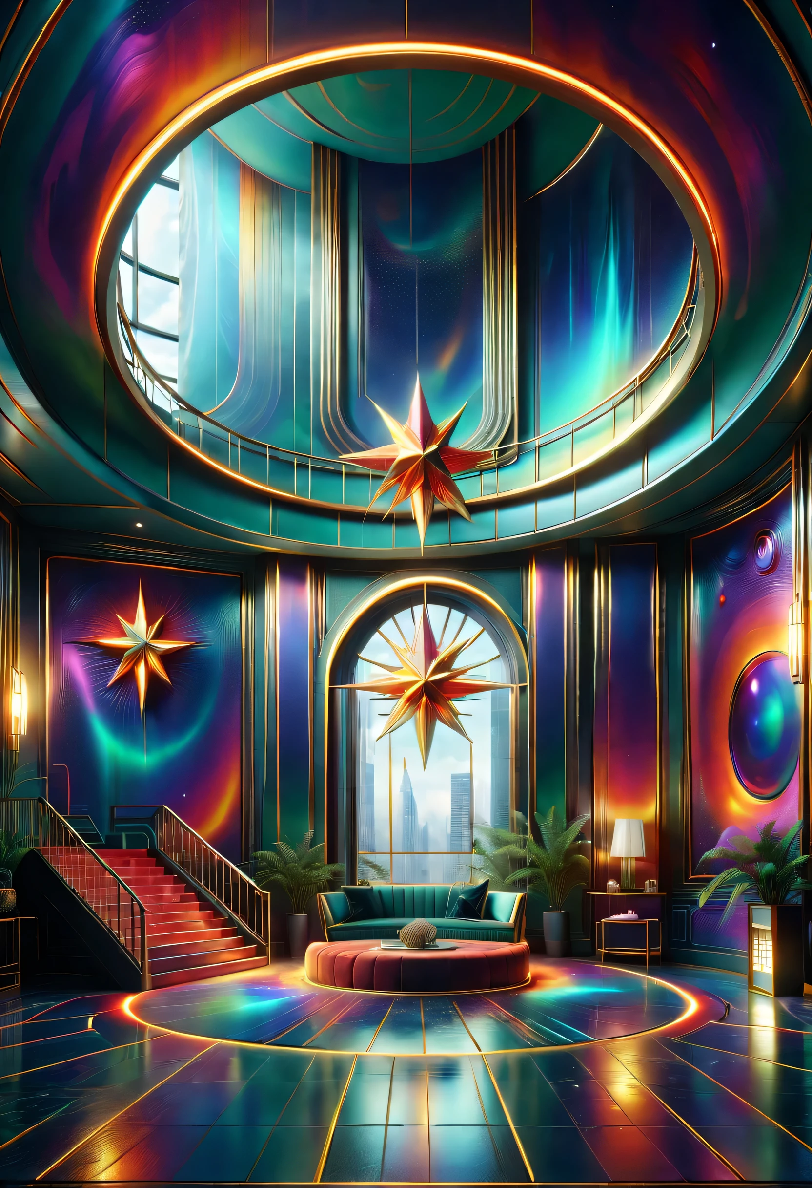 (best quality,4K,8k,high resolution,masterpiece:1.2),super detailed,(actual,photoactual,photo-actual:1.37)。((an art deco,art museum大堂,spacious,high-rise,interesting,art museum))。(geometric window,Creative home,Decorative painting,Geometric chandelier,stairs,)。3d rendering。Light luxury texture,Space color matching,Mechanical style,Mechanical aesthetic concept,用几何Wire条表示,Create a minimalist architecture with a sense of power,((transparent,Wire、lightning、radiation、Wire graphics with abstract meanings such as star icons,Integrate it into modern spaces,Bring visual impact through patterns。))。(((Metallic Color、Bright colors are the main color overall,The colors are bright and bright,Strong visual impact,Promote the atmosphere of the entire space,curved decorative metal decoration,Full of artistic tension and aristocratic temperament,Metallic Color搭配红色、green、blue、orange,bright colors,For example, purple,Rhythmic spatial rhythm,)))