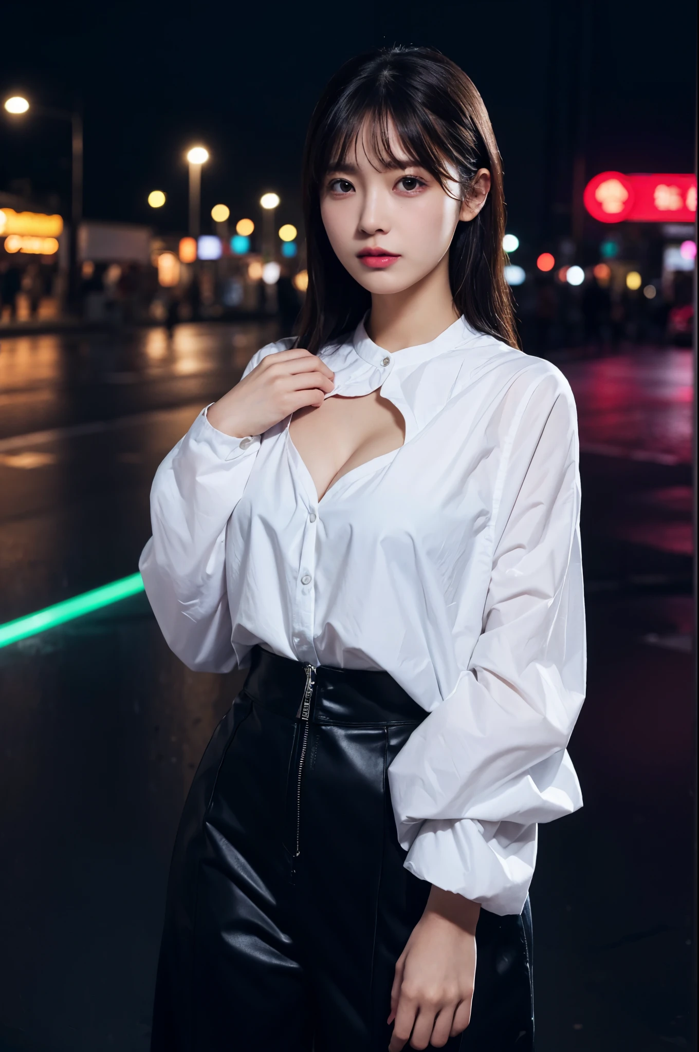 (RAW shooting:1.5, Photoreal, 8K, highest quality, masterpiece, ultra high resolution), perfect dynamic composition:1.2, Night street corner of a modern city, expression of sadness:0.5, (((Typhoon heavy rain))), Highly detailed skin and facial textures:1.2, Slim office lady wet in the rain:1.3, Fair skin:1.2, sexy beauty:1.1, perfect style:1.2, beautiful and aesthetic:1.1, very beautiful face:1.2, water droplets on the skin, (rain drips all over my body:1.2, wet body:1.2, wet hair:1.3, Wet tight skirt:1.2, wet office lady uniform:1.3), belt, (Medium chest, Bra is transparent, Chest gap), (cry, lovelorn, The expression on your face when you feel intense caress, Facial expression when feeling pleasure), (Eyes that feel beautiful eros:0.8, adult charm:0.9, Bewitching:0.9), cowboy shot, Shoulder bag, necklace, earrings, bracelet, clock