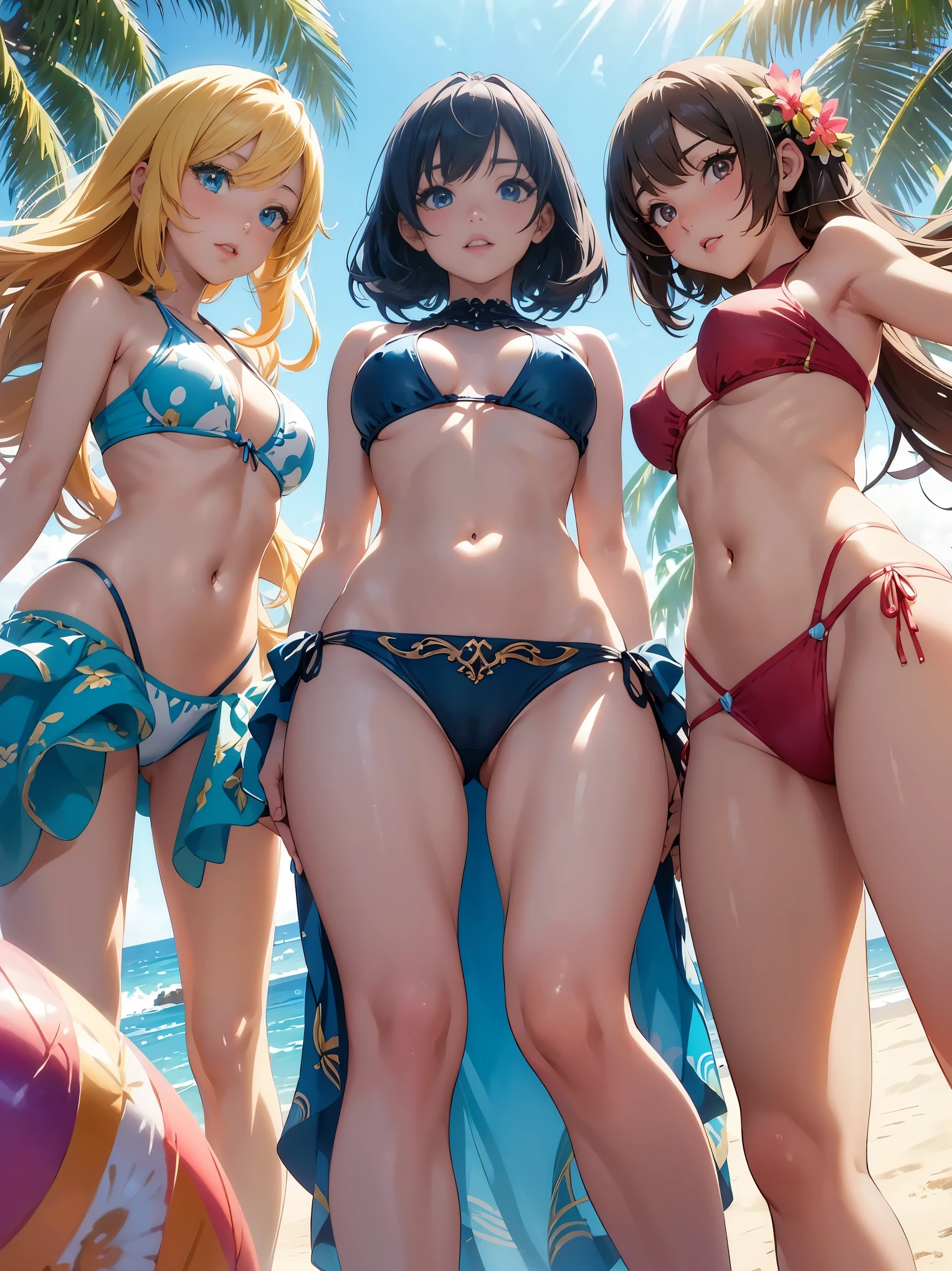 (anime screencap:1.2), best quality,ultra-detailed,paintings,studio lighting,vivid colors,beautiful detailed eyes,beautiful detailed lips,long eyelashes, (three girls:1.3), accessories,bikinis,summer fun,beach scene, playful poses,joyful expressions,colorful background,warm sunlight,soft shadows, standing, ((from below)), 