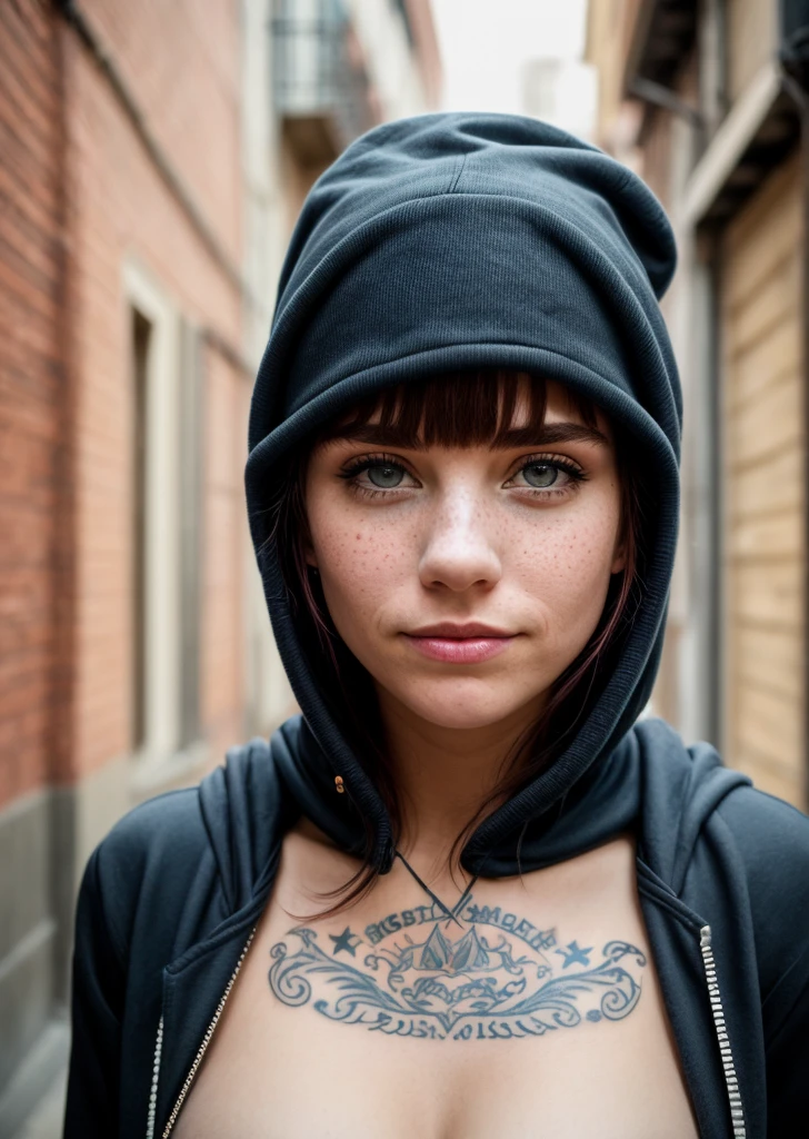 best quality, masterpiece, RAW photo, photorealistic, detailed,1girl, hoodie, arm tattoo, portrait, asymmetrical bangs, bandaid, short hair, bangs, breasts, freckles, blue eyes, breasts, looking at viewer, neck tattoo, nose piercing, pink hair, solo, tattoo on face, upper body, detailed background, town, alley, dark alley, portrait, hood on head, night, jazzy smile , masterpiece, absurdres
