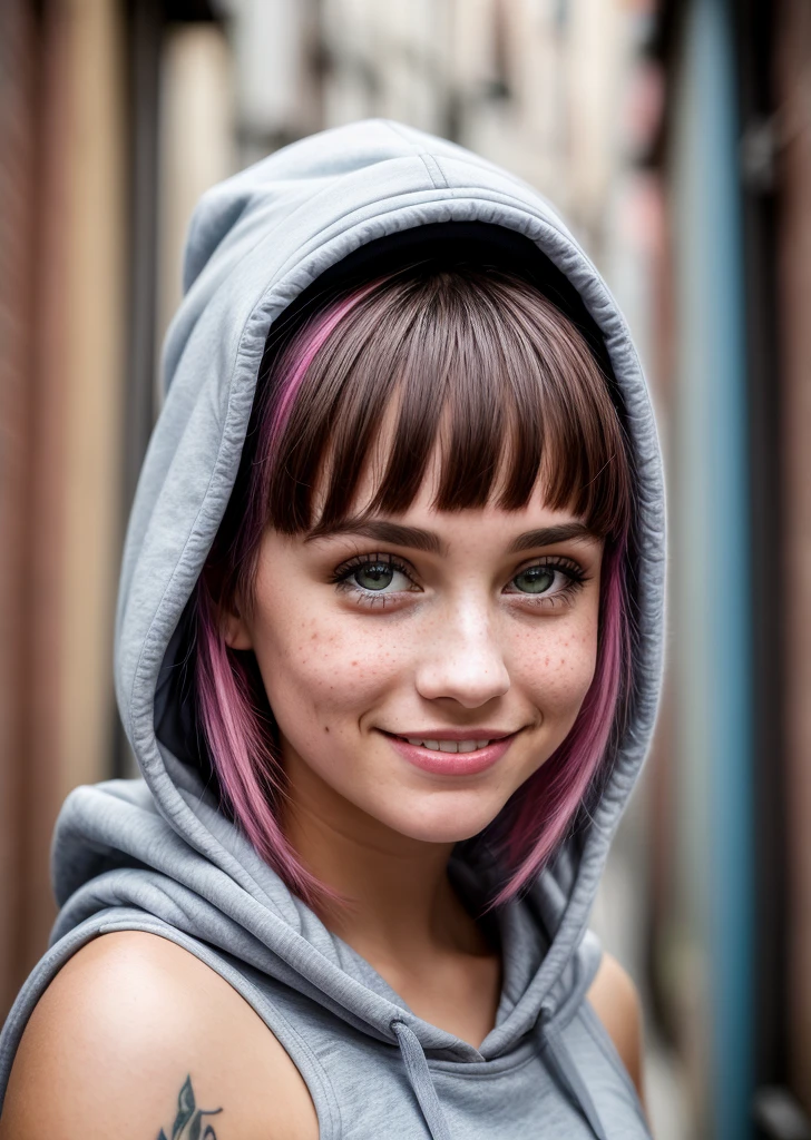 best quality, masterpiece, RAW photo, photorealistic, detailed,1girl, hoodie, arm tattoo, portrait, asymmetrical bangs, bandaid, short hair, bangs, breasts, freckles, blue eyes, breasts, looking at viewer, neck tattoo, nose piercing, pink hair, solo, tattoo on face, upper body, detailed background, town, alley, dark alley, portrait, hood on head, night, jazzy smile , masterpiece, absurdres