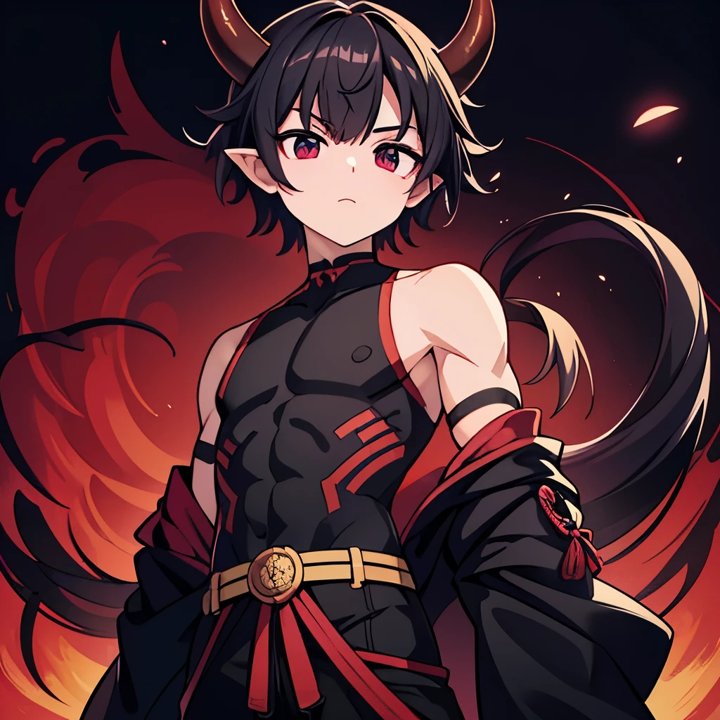 1boy((best quality)), ((masterpiece)), (detailed), perfect face1 boy;((best quality)), ((masterpiece)), (detailed), perfect face;shuten doji style; pretty face ; pretty boy, demon horns protruding out of forehead; black hair; lean physique; wearing tight sleevles shirt e; standing in front of viewer ; black medium hair,male ; make him a male with a male chest, full body shot, wearing pants, wearing tight sleevless tank top ,sfw, small lean body, tight fitting clothe, red and black color scheme,  , petit body , pointy ears