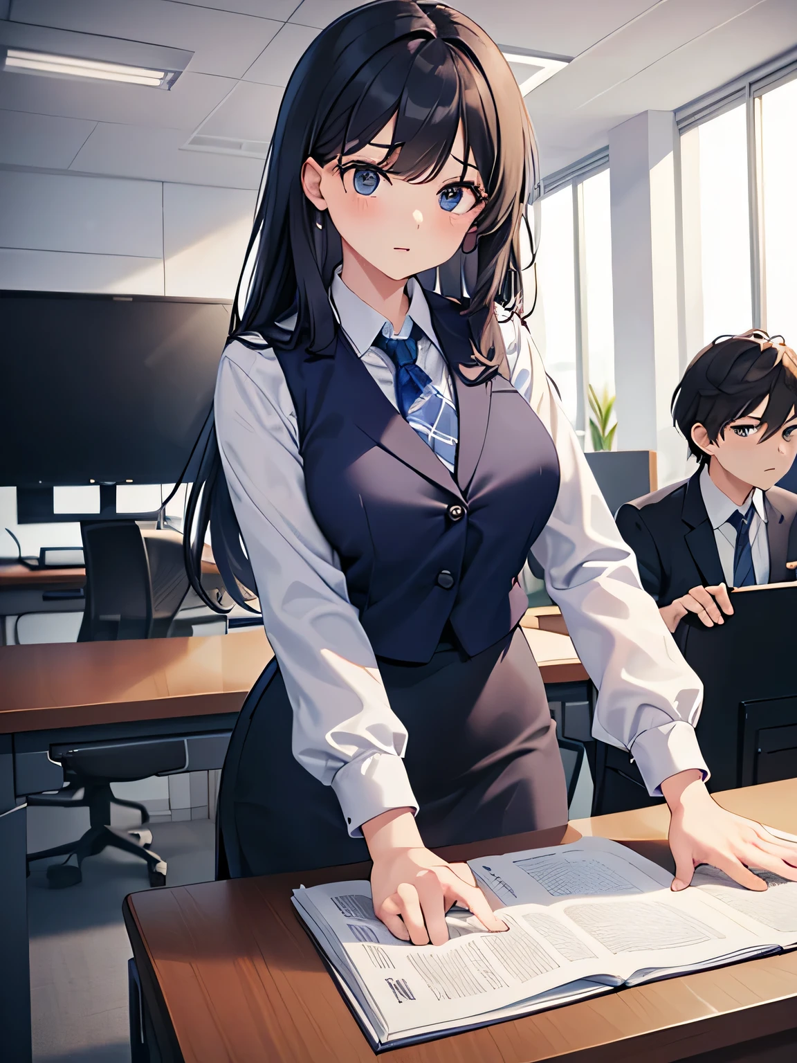 (1) a woman is working in an office.
(2) a man is talking to her、she is ignoring him.
(3) The woman is wearing a white blouse, a dark blue vest and a gray tight skirt。.
(4) The woman's expression is very cold.
(5) Location、This is her office desk where she is working on her computer.。.