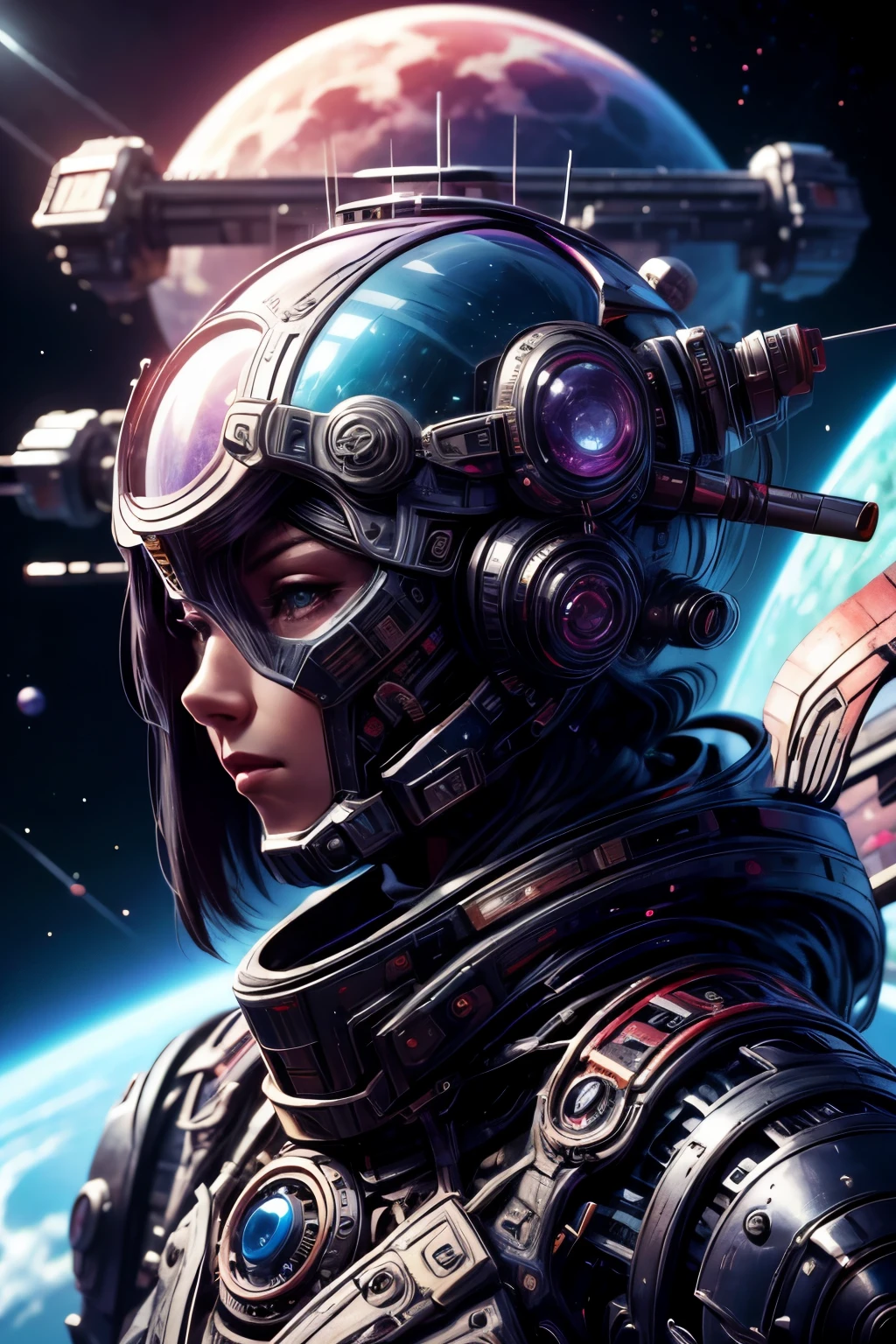 "Science fiction painting, mysterious shinobi girl, katana owner, space wanderer, planets in the distance, futuristic sci-fi, foggy atmosphere, (otherworldly charm)"