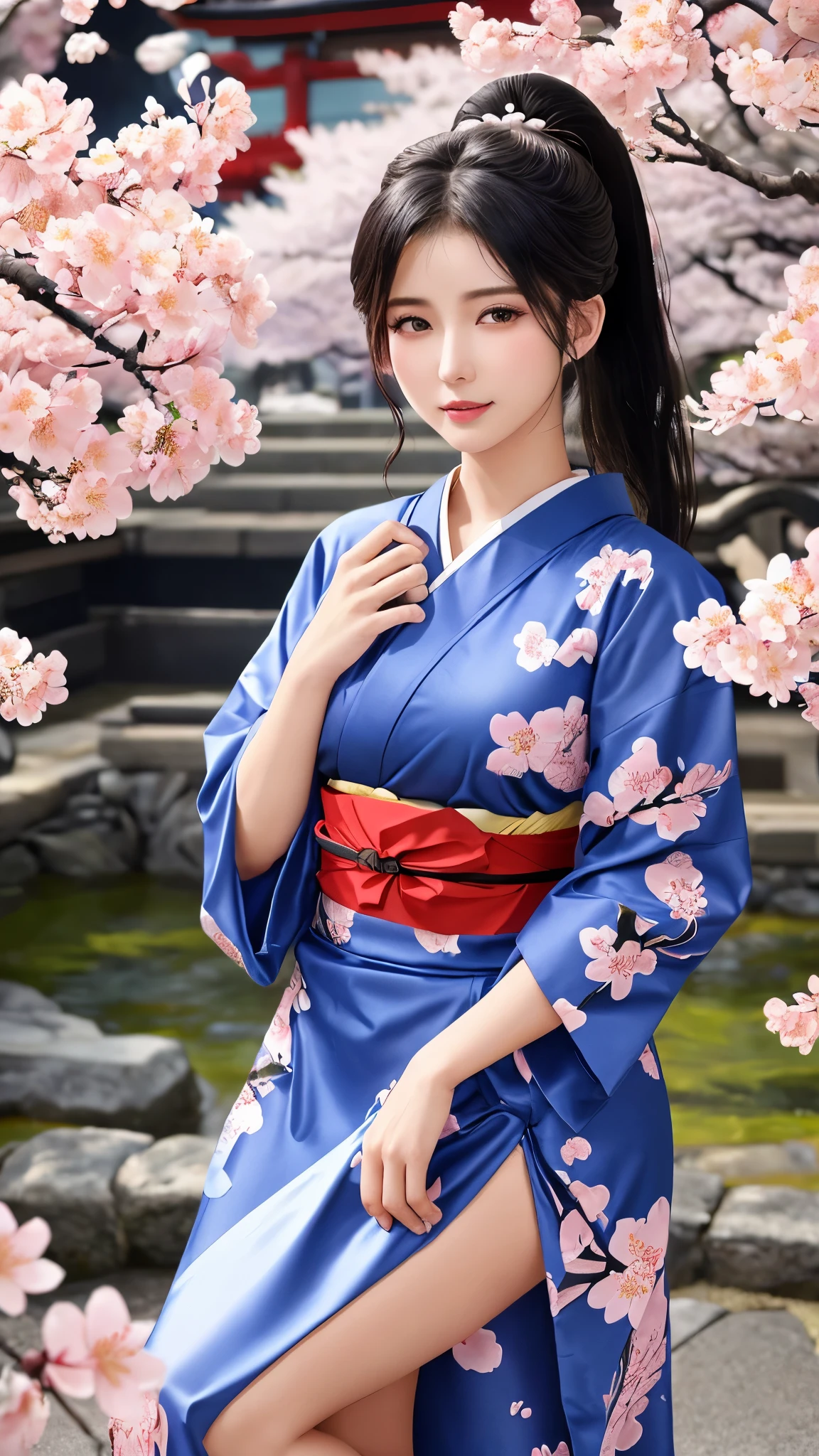 最high quality、high quality、best image quality、8K、最High resolution、High resolution、最high quality、masterpiece、realistic pictures、RAW photo、realistic atmosphere、(detailed face)、(fine hands、thumb１reference４)、(beauty of japan )、very nice face、cute face、((beautiful japanese girl))、(woman), ((18 year old beautiful girl))、(glossy black hair)、(straight long hair)、(ponytail)、whole body、slim style、(shiny skin)、(Fair skin, Glossy skin)、real human skin、realistic human body structure、perfect body， perfect face， perfect hands， perfect fingers， perfect lips， perfect eyes，perfect teeth、perfect background， perfect atmosphere，soft natural light、samurai kimono、maiko kimono、servant、geisha kimono、japanese kimono、Furisode、kimono、Yukata、japanese traditional、Samurai Residence、Japanese garden、((colorful transparent vinyl(flowery kimono、Hakama with side slits))、((Under the cherry blossom tree in full bloom(Poses that make your thighs look sexy))