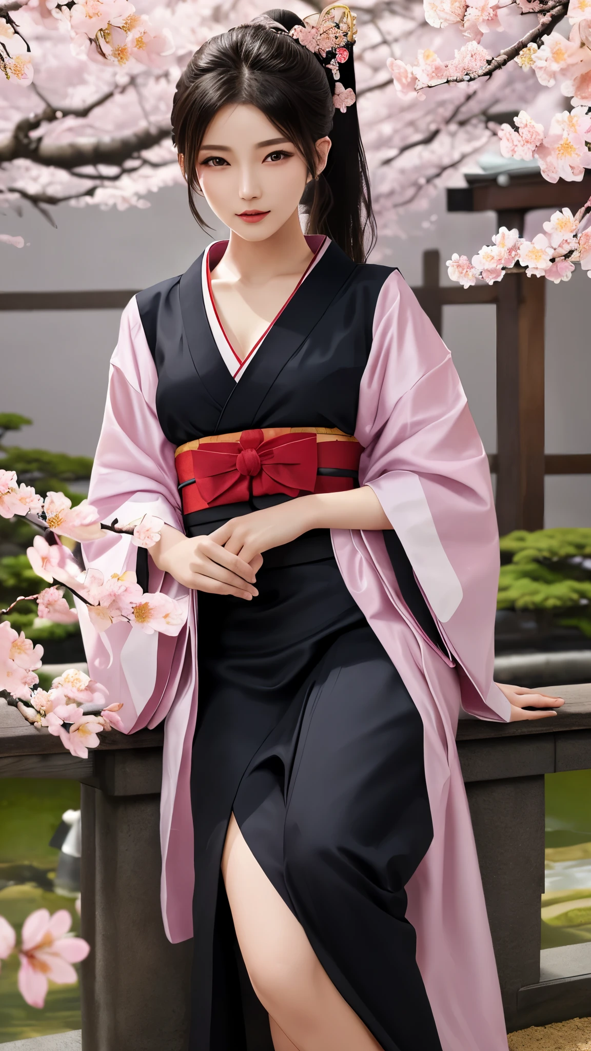 最high quality、high quality、best image quality、8K、最High resolution、High resolution、最high quality、masterpiece、realistic pictures、RAW photo、realistic atmosphere、(detailed face)、(fine hands、thumb1reference4)、(beauty of japan )、very nice face、cute face、((beautiful japanese girl))、(woman), ((18 year old beautiful girl))、(glossy black hair)、(straight long hair)、(ponytail)、whole body、slim style、(shiny skin)、(Fair skin, Glossy skin)、real human skin、realistic human body structure、perfect body, perfect face, perfect hands, perfect fingers, perfect lips, perfect eyes,perfect teeth、perfect background, perfect atmosphere,soft natural light、samurai kimono、maiko kimono、servant、geisha kimono、japanese kimono、Furisode、kimono、Yukata、japanese traditional、Samurai Residence、Japanese garden、((colorful transparent vinyl(flowery kimono、Hakama with side slits))、((Under the cherry blossom tree in full bloom(Poses that make your thighs look sexy))