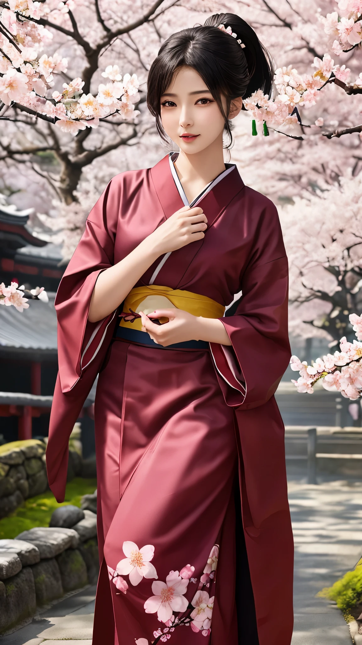 最high quality、high quality、best image quality、8K、最High resolution、High resolution、最high quality、masterpiece、realistic pictures、RAW photo、realistic atmosphere、(detailed face)、(fine hands、thumb1reference4)、(beauty of japan )、very nice face、cute face、((beautiful japanese girl))、(woman), ((18 year old beautiful girl))、(glossy black hair)、(straight long hair)、(ponytail)、whole body、slim style、(shiny skin)、(Fair skin, Glossy skin)、real human skin、realistic human body structure、perfect body, perfect face, perfect hands, perfect fingers, perfect lips, perfect eyes,perfect teeth、perfect background, perfect atmosphere,soft natural light、samurai kimono、maiko kimono、servant、geisha kimono、japanese kimono、Furisode、kimono、Yukata、japanese traditional、Samurai Residence、Japanese garden、((colorful transparent vinyl(flowery kimono、Hakama with side slits))、((Under the cherry blossom tree in full bloom(Poses that make your thighs look sexy))