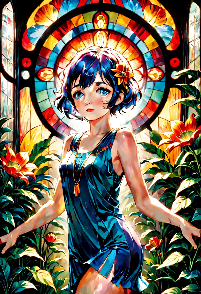 Art-Deco Stained Glass Art; Gorgeous 1920t´ Flapper Girl in a magnificient Art Deco Garden; perfect composition; World Press Photo Award winning Image; contemporary newspaper photography; artistic masterpiece; lifelike; intricately detailed vibrant professional Photography; Canon Lens, shot on Kodachrome ISO ; Action Photography; by Chris Burkard; Dave Lehl; Lucas Gilman; 16k resolutions; dynamic lighting; cinematic; shiny reimagined by Industrial Light and Magic, Hyperrealistic, splash art, concept art, mid shot, intricately detailed, color depth, dramatic, 2/3 face angle, side light, colorful background