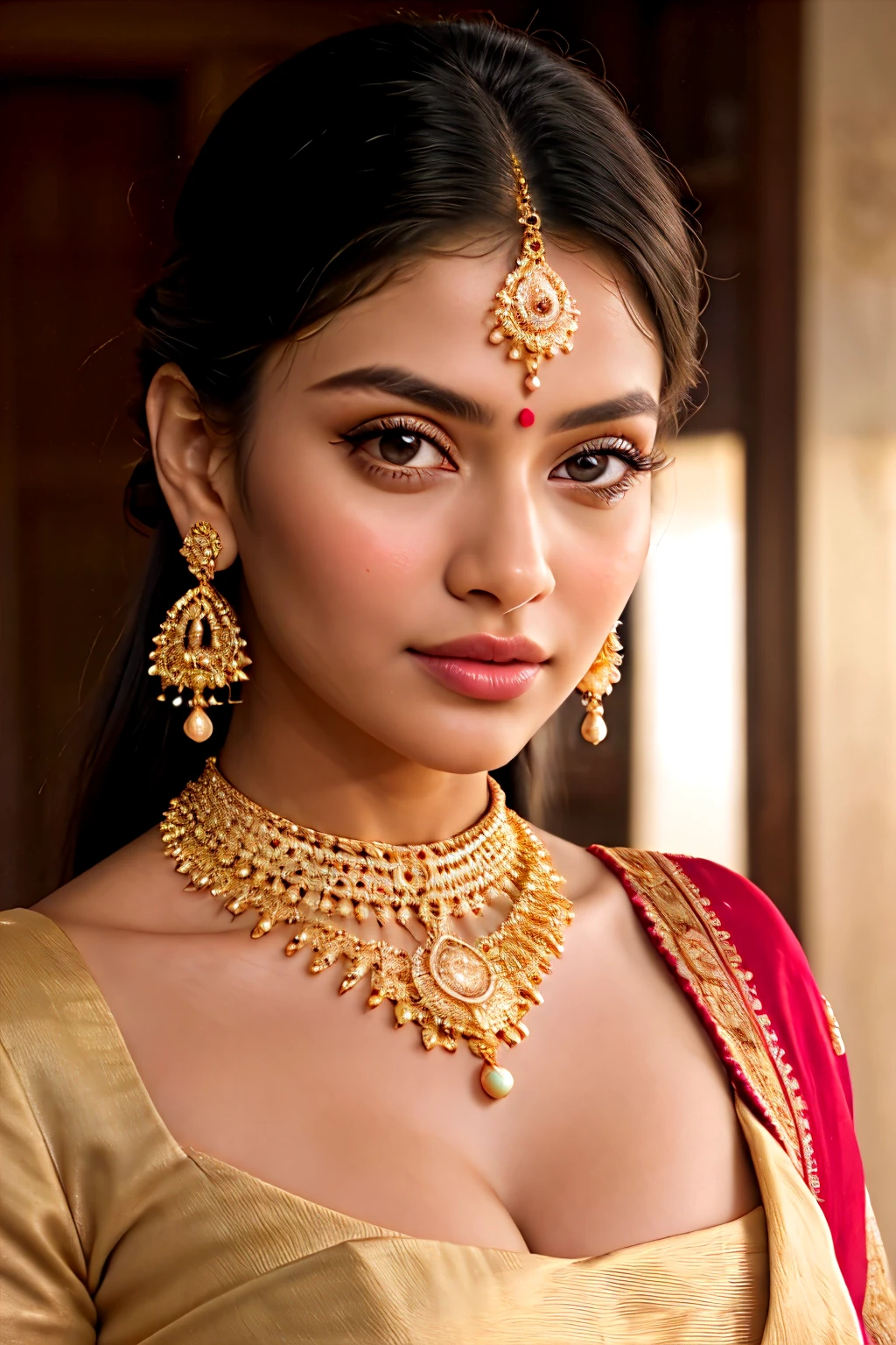 ((best quality)), ((masterpiece)), (detailed), perfect face

a close up of a woman wearing a white sari and gold jewelry, wearing gold jewellery, traditional beauty, traditional female hairstyles, wearing elegant jewellery, heavy gold jewellery, traditional makeup, gold jewellery, photo of a beautiful woman, wearing jewellery, very attractive and beautiful, closeup portrait shot, very beautiful enga style, golden jewellery, a beautiful young woman, full body portrait, extremely detailed goddess shot, jaw-dropping beauty, big  deep cleavage sexy navel
