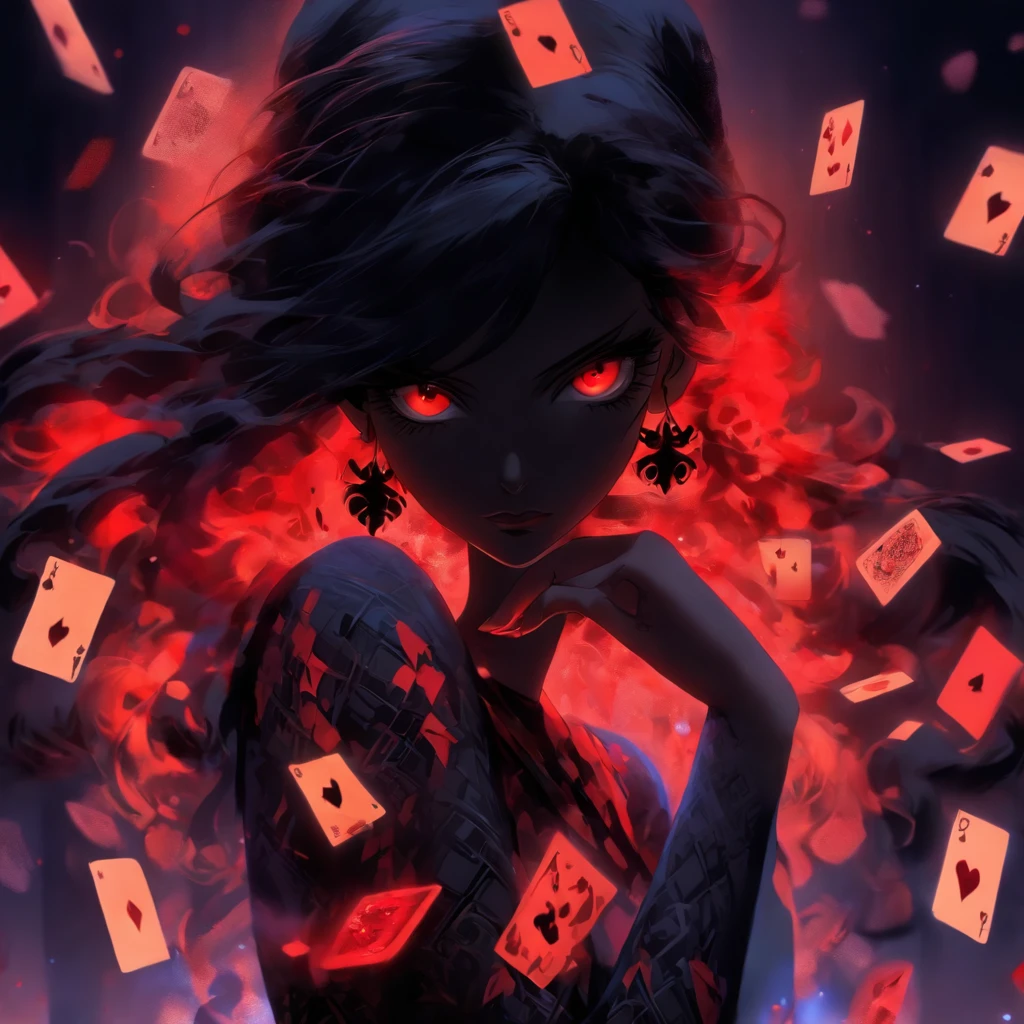 Poker face,,(dark fantasy),((Wonderful illustrations)),(Details fly), long black hair, red pupils, girl, Solid black dress, collar only, The cuffs and skirt are dark red, There is a red butterfly hairpin pinned next to her ear., masterpiece, best quality, high quality, scarf,, Red and black crystal necklace,