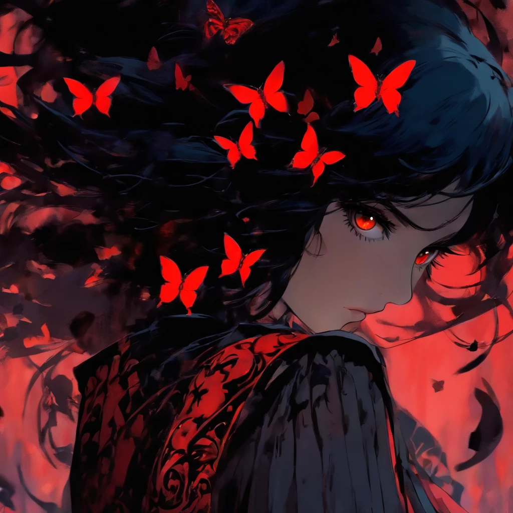 Poker face,,(dark fantasy),((Wonderful illustrations)),(Details fly), long black hair, red pupils, girl, Solid black dress, collar only, The cuffs and skirt are dark red, There is a red butterfly hairpin pinned next to her ear., masterpiece, best quality, high quality, scarf,, Red and black crystal necklace,
