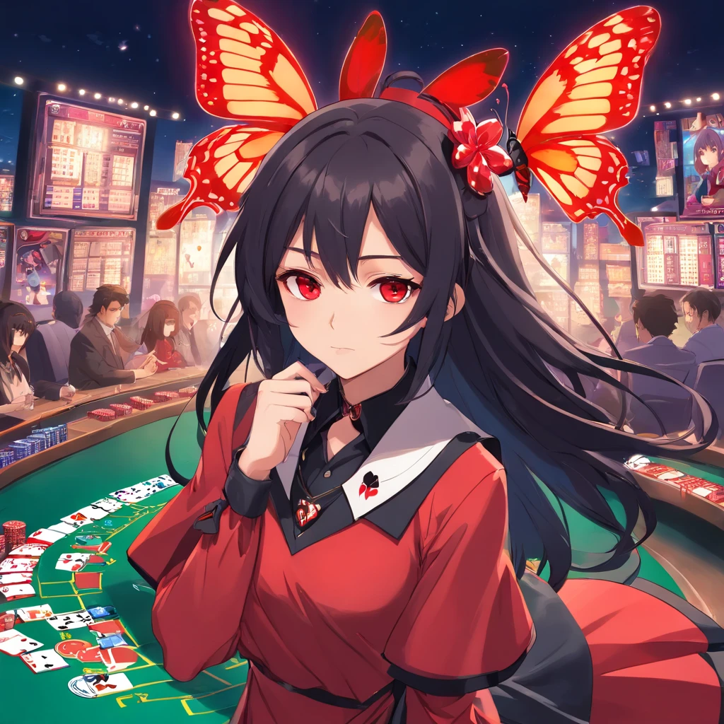 Poker face,,(dark fantasy),((Wonderful illustrations)),(Details fly), long black hair, red pupils, girl, Solid black dress, collar only, The cuffs and skirt are dark red, There is a red butterfly hairpin pinned next to her ear., masterpiece, best quality, high quality, scarf,, Red and black crystal necklace,