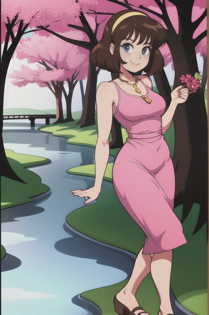 80's anime style, 1 girl, solo, brown medium hair, pink Hairband, blue eyes, bare arms, pink maxi dress, little pink dress, golden necklace, smile, holding her skirt, cowboy shot, standing, intricate details, sharp focus, high resolution, the background of beautiful flower park with trees and canals, beautiful sunny day, anime, masterpiece, very high resolution.
