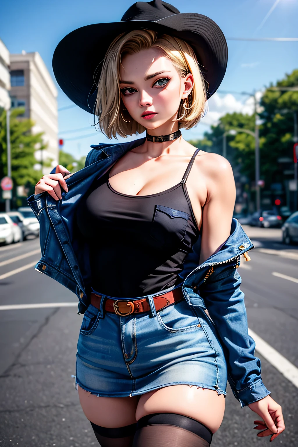 android 18, android 18, blonde hair, blue eyes, eyelash, hoop earrings, short hair, earrings, break belt, black legwear, black shirt, breast pocket, cleavage, clavicle, denim, denim skirt, high-waist skirt, jewelry, long sleeve, pocket, shirt, shirt tucked in, skirt, striped, striped sleeves, waistcoat,, break outdoors, city, null, cloud, sun, break looking at viewer, (cowboy shot:1.5), break (masterpiece:1.2), highest quality, High resolution, unity 8k wallpaper, (shape:0.8), (beautiful and detailed eyes:1.6), highly detailed face, perfect lighting, Very detailed CG, (perfect hands, perfect anatomy)
