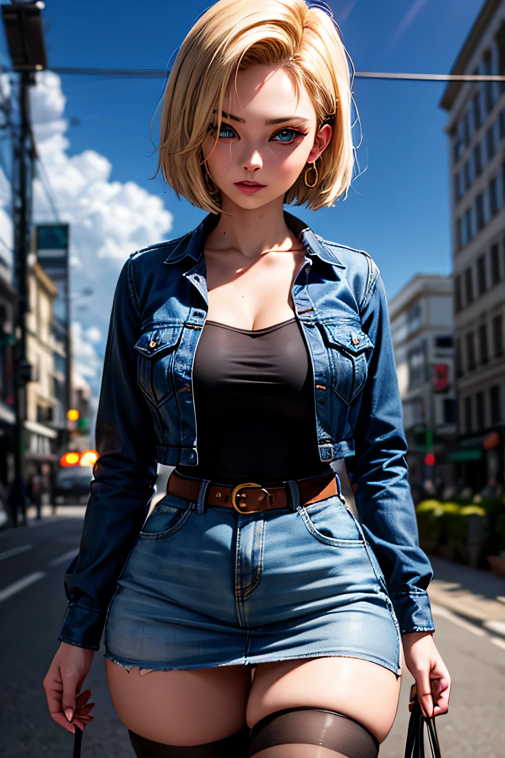android 18, android 18, blonde hair, blue eyes, eyelash, hoop earrings, short hair, earrings, break belt, black legwear, black shirt, breast pocket, cleavage, clavicle, denim, denim skirt, high-waist skirt, jewelry, long sleeve, pocket, shirt, shirt tucked in, skirt, striped, striped sleeves, waistcoat,, break outdoors, city, null, cloud, sun, break looking at viewer, (cowboy shot:1.5), break (masterpiece:1.2), highest quality, High resolution, unity 8k wallpaper, (shape:0.8), (beautiful and detailed eyes:1.6), highly detailed face, perfect lighting, Very detailed CG, (perfect hands, perfect anatomy)