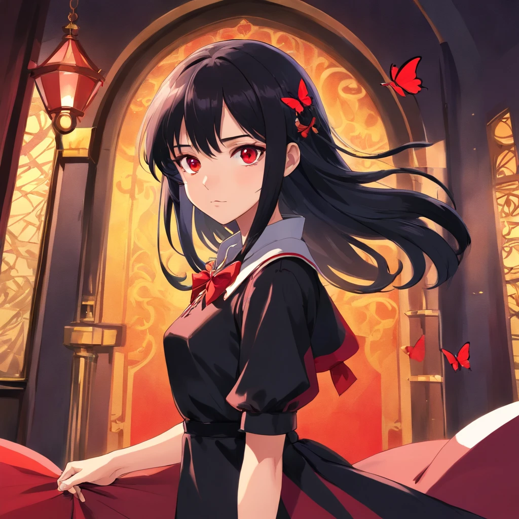Poker face,,(dark fantasy),((Wonderful illustrations)),(Details fly), long black hair, red pupils, girl, Solid black dress, collar only, The cuffs and skirt are dark red, There is a red butterfly hairpin pinned next to her ear., masterpiece, best quality, high quality, scarf,, Red and black crystal necklace,