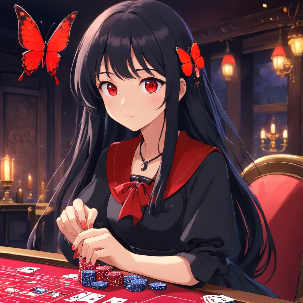 Poker face,,(dark fantasy),((Wonderful illustrations)),(Details fly), long black hair, red pupils, girl, Solid black dress, collar only, The cuffs and skirt are dark red, There is a red butterfly hairpin pinned next to her ear., masterpiece, best quality, high quality, scarf,, Red and black crystal necklace,