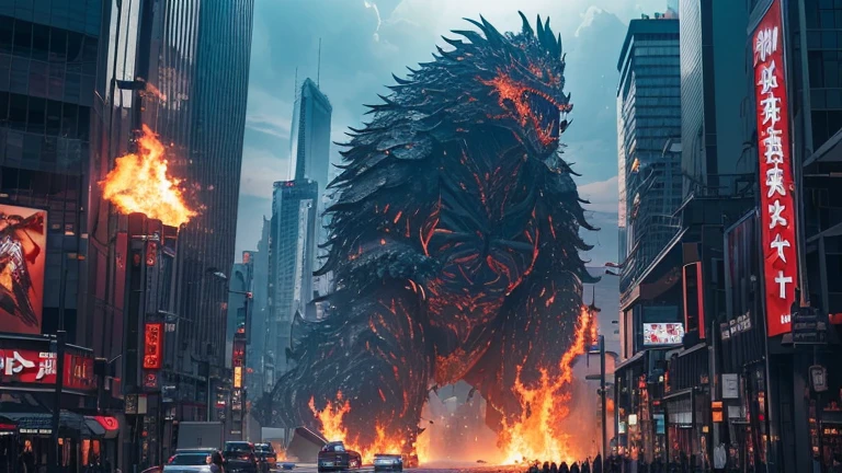 (in 8K, RAW Photos, top-quality, masterpiece:1.2), (realisitic, Photorealsitic:1.37), ultra-detailliert, high resolution, Huge Monster and sexy sorceress, building crumbling, Burning flame, stunningly beautiful face, dynamic ungle, shinjuku