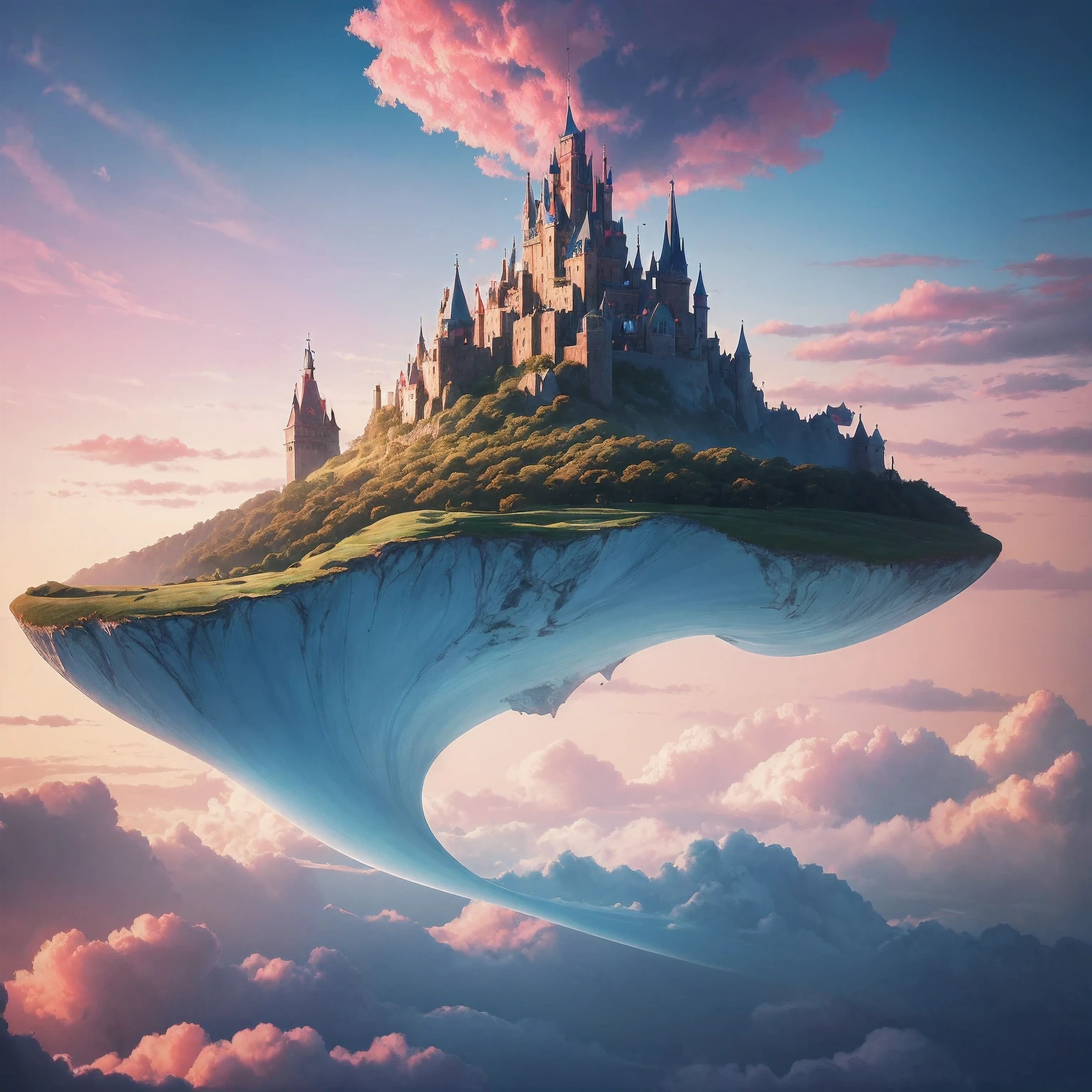 "A whimsical scene unfolds as we see a girl donning rose-colored glasses, exploring a dreamlike world. The background is a surreal landscape with floating islands and pastel-colored clouds. The art style draws inspiration from the dreamy illustrations of Mary Blair and the playful imagination of Studio Ghibli films. The camera angle is a low-angle shot, capturing the vastness of the imaginative world and the girl's sense of wonder. The image should be rendered with vivid, fantasy colors, and the glasses should emit a soft, magical glow. The resolution should be 4K to maintain a balance between detail and artistic expression."