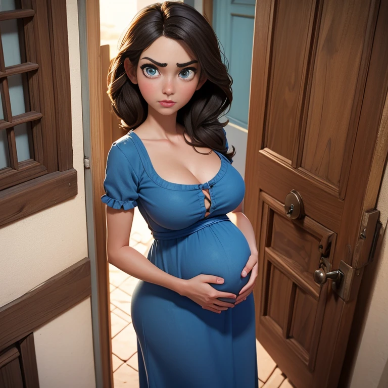 Beautiful little brunette woman in her thirties, pregnant, huge tits, slim, small waist, round ass, wearing a blue sundress. She has grey big eyes, small nose and full lips. Angry expression. Standing outside the door in the porch. Point of view from inside the house and from above her