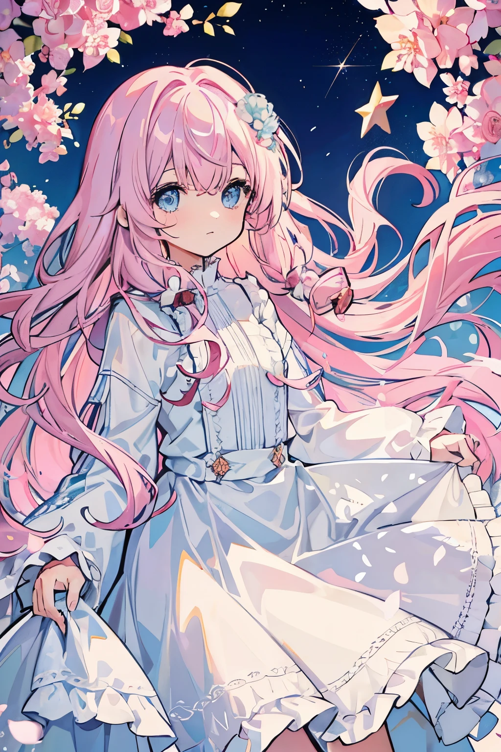Long light pink slightly curly hair，light blue eyes fluffy curly hair，white skirt，Sea of flowers，Impression stars