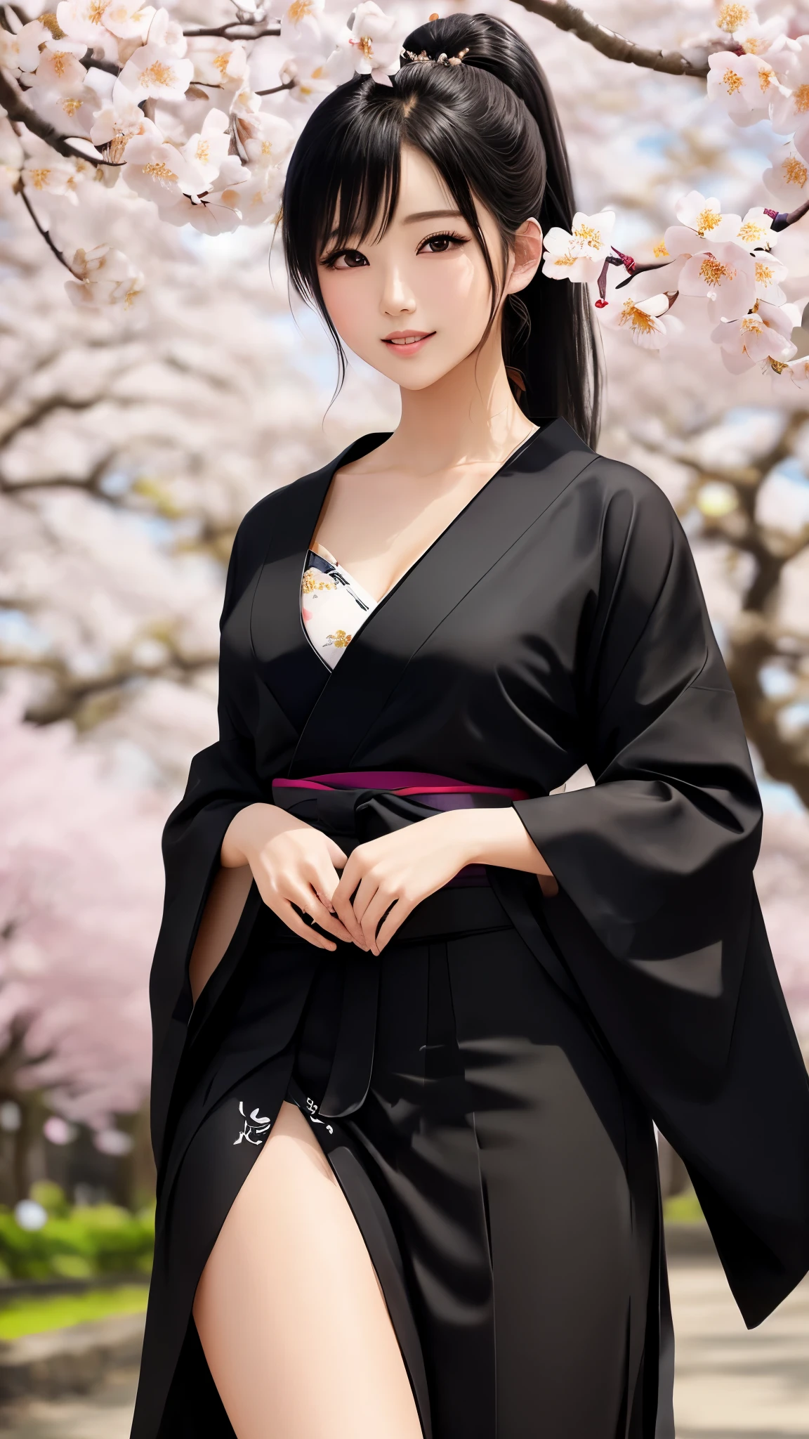最high quality、high quality、best image quality、8K、最High resolution、High resolution、最high quality、masterpiece、realistic pictures、RAW photo、realistic atmosphere、(detailed face)、(fine hands、thumb１reference４)、(beauty of japan )、very nice face、cute face、((beautiful japanese girl))、(woman), ((18 year old beautiful girl))、(glossy black hair)、(straight long hair)、(ponytail)、whole body、slim style、(shiny skin)、(Fair skin, Glossy skin)、real human skin、realistic human body structure、perfect body， perfect face， perfect hands， perfect fingers， perfect lips， perfect eyes，perfect teeth、perfect background， perfect atmosphere，soft natural light、samurai kimono、maiko kimono、servant、geisha kimono、japanese kimono、Furisode、kimono、Yukata、japanese traditional、Samurai Residence、Japanese garden、((colorful transparent vinyl(flowery kimono、Hakama with side slits))、((Under the cherry blossom tree in full bloom(Poses that make your thighs look sexy))