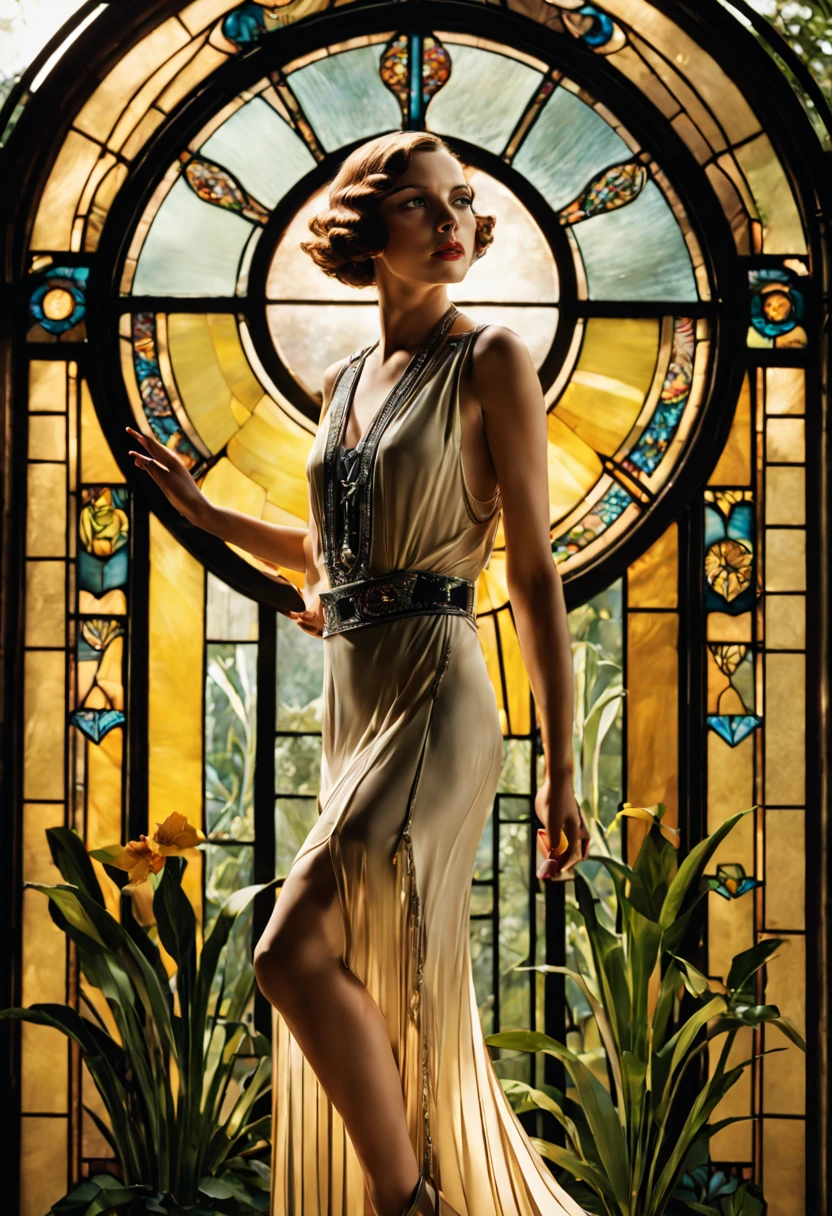 Art-Deco Stained Glass Art; Gorgeous 1920t´ Flapper Girl in a magnificient Art Deco Garden; perfect composition; World Press Photo Award winning Image; contemporary newspaper photography; artistic masterpiece; lifelike; intricately detailed vibrant professional Photography; Canon Lens, shot on Kodachrome ISO ; Action Photography; by Chris Burkard; Dave Lehl; Lucas Gilman; 16k resolutions; dynamic lighting; cinematic; shiny reimagined by Industrial Light and Magic, Hyperrealistic, splash art, concept art, mid shot, intricately detailed, color depth, dramatic, 2/3 face angle, side light, colorful background