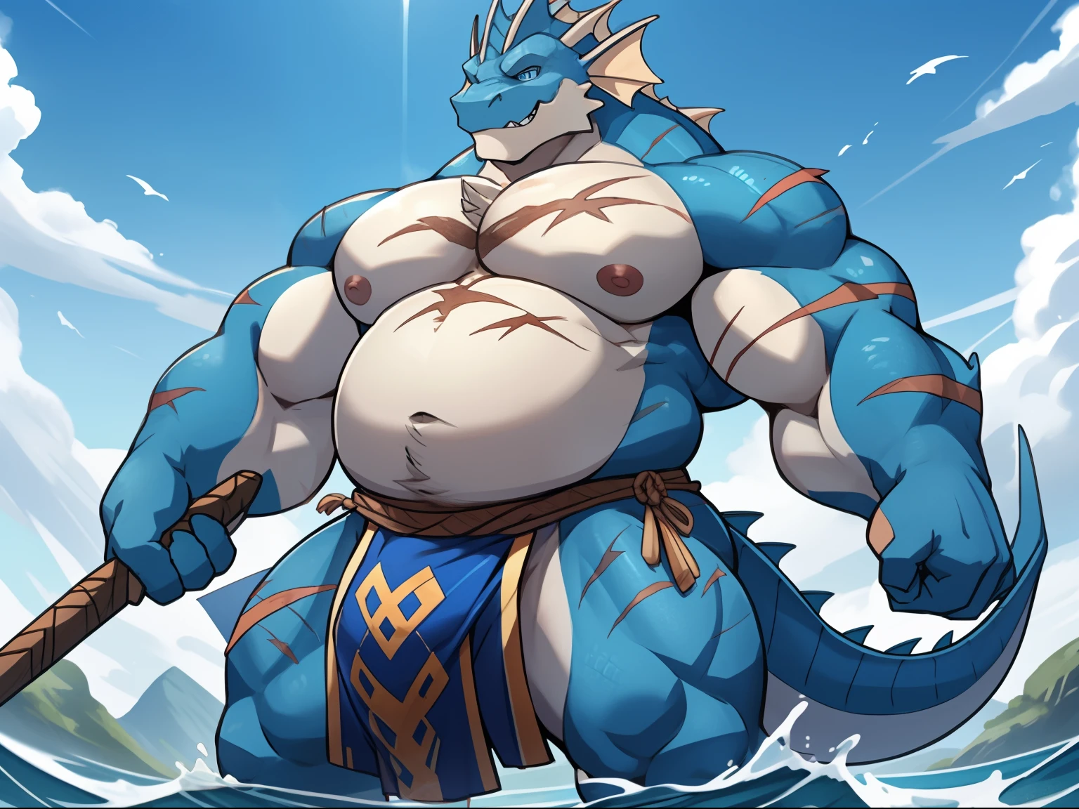 Male, Fishman Warrior， There are scars on the body，head fins,There are fins on the arms，Confused eyes, Huge pink nipples , Fat Chubby, large biceps, Huge chest, The general's belly, blue eyes，grey-blue scales，detailed crotch, huge bulge，Loincloth，Fishman Warrior的胸部被揉搓